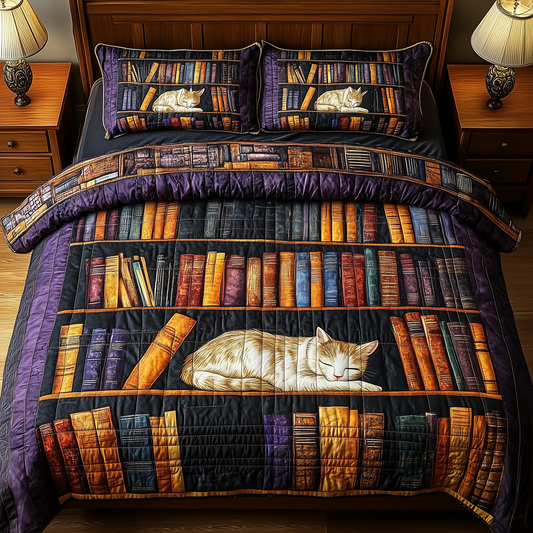 Vintage Cat Bookshelf 3-Piece Quilted Bedding Set GFTONL207