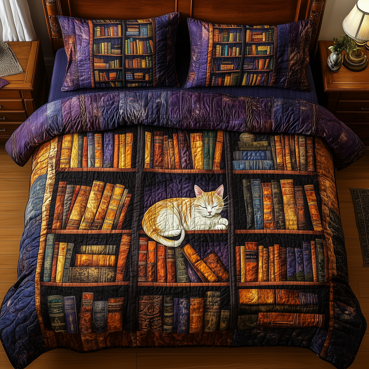 Vintage Cat Bookshelf 3-Piece Quilted Bedding Set GFTONL208