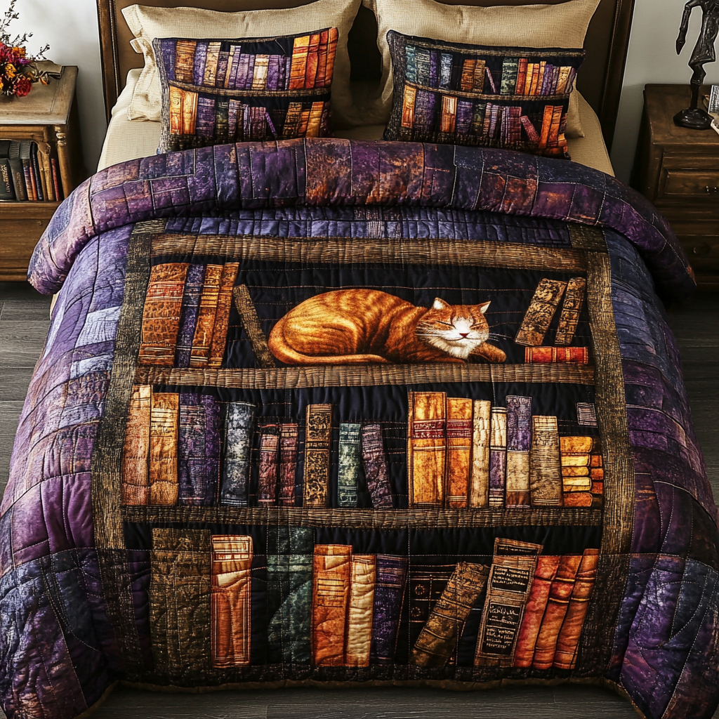 Vintage Cat Bookshelf 3-Piece Quilted Bedding Set GFTONL209