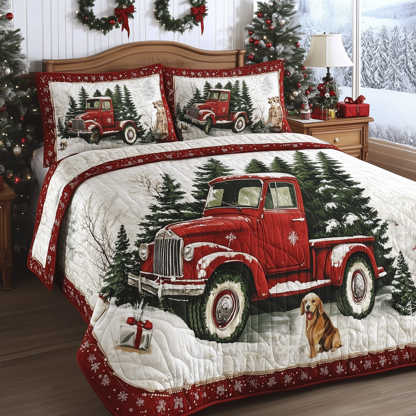 Vintage Red Truck 3-Piece Quilted Bedding Set GFTONL258