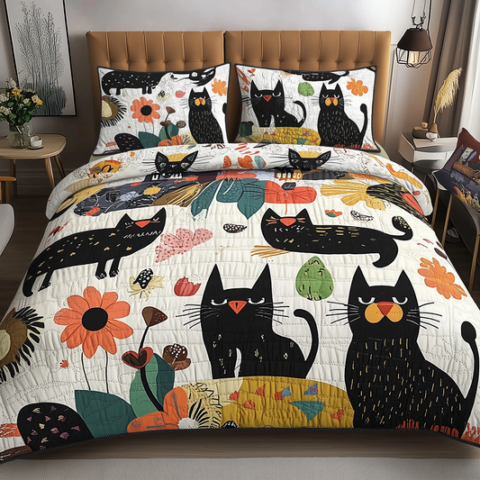 Playful Botanical Cat 3-Piece Quilted Bedding Set GFTONL284