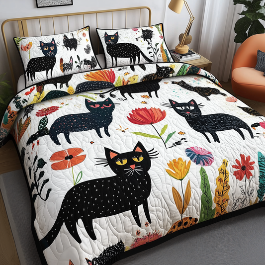 Playful Botanical Cat 3-Piece Quilted Bedding Set GFTONL285