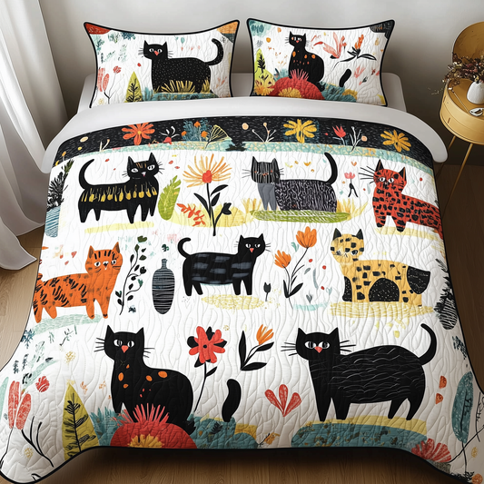 Playful Botanical Cat 3-Piece Quilted Bedding Set GFTONL287