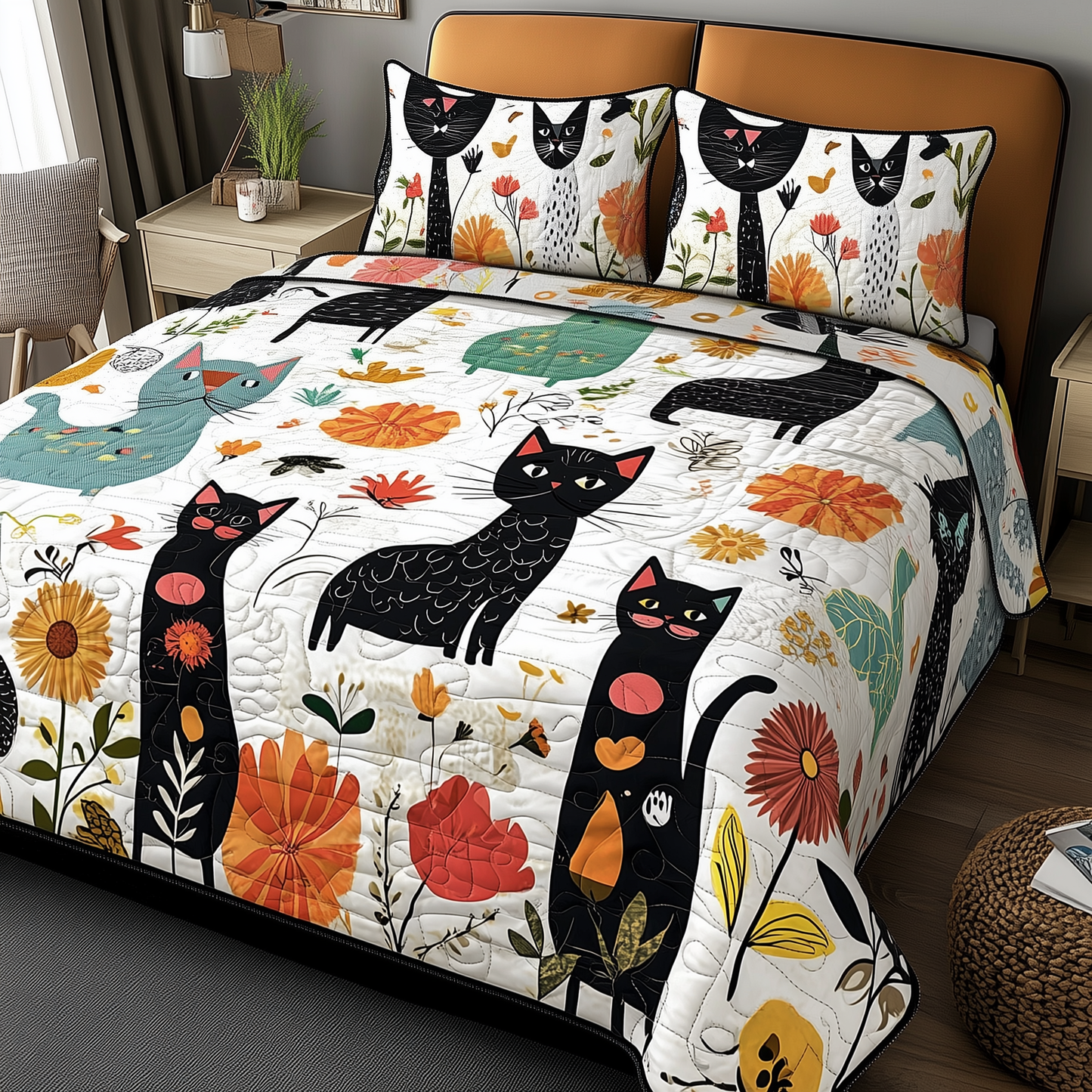 Playful Botanical Cat 3-Piece Quilted Bedding Set GFTONL288