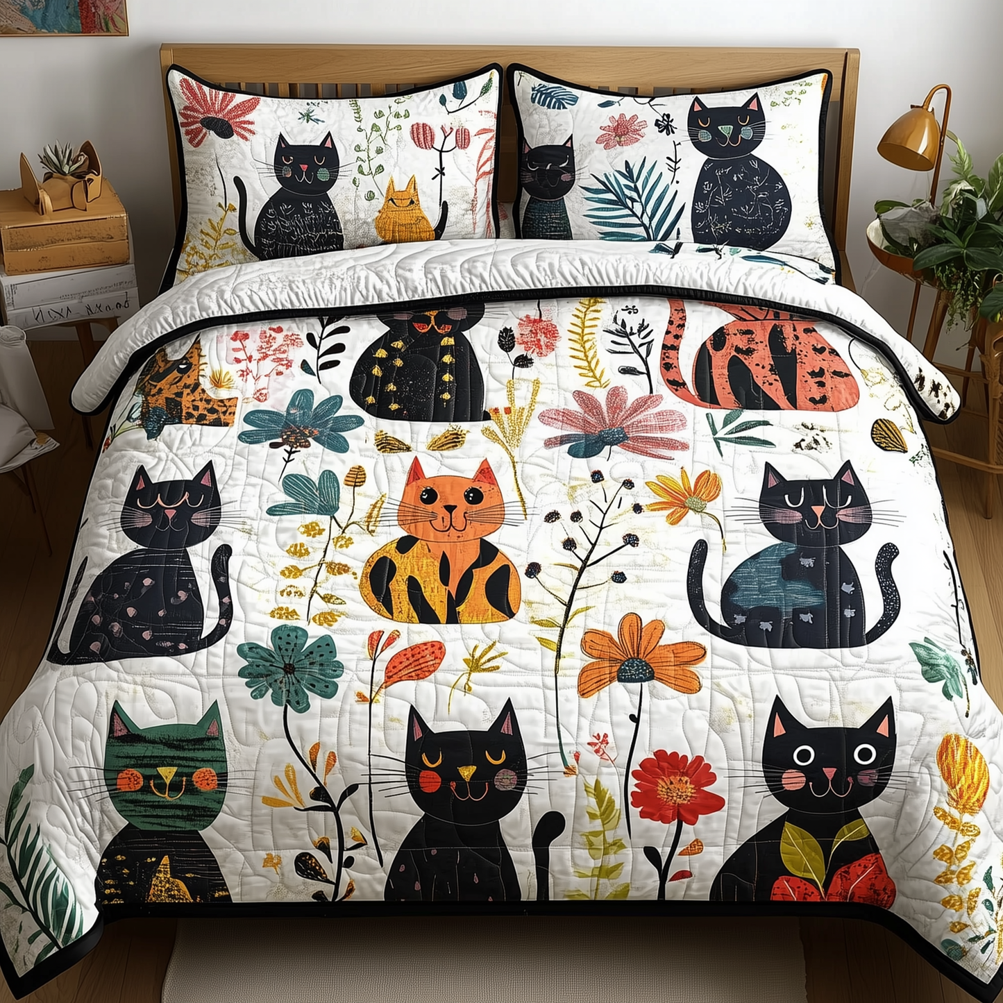 Playful Botanical Cat 3-Piece Quilted Bedding Set GFTONL289