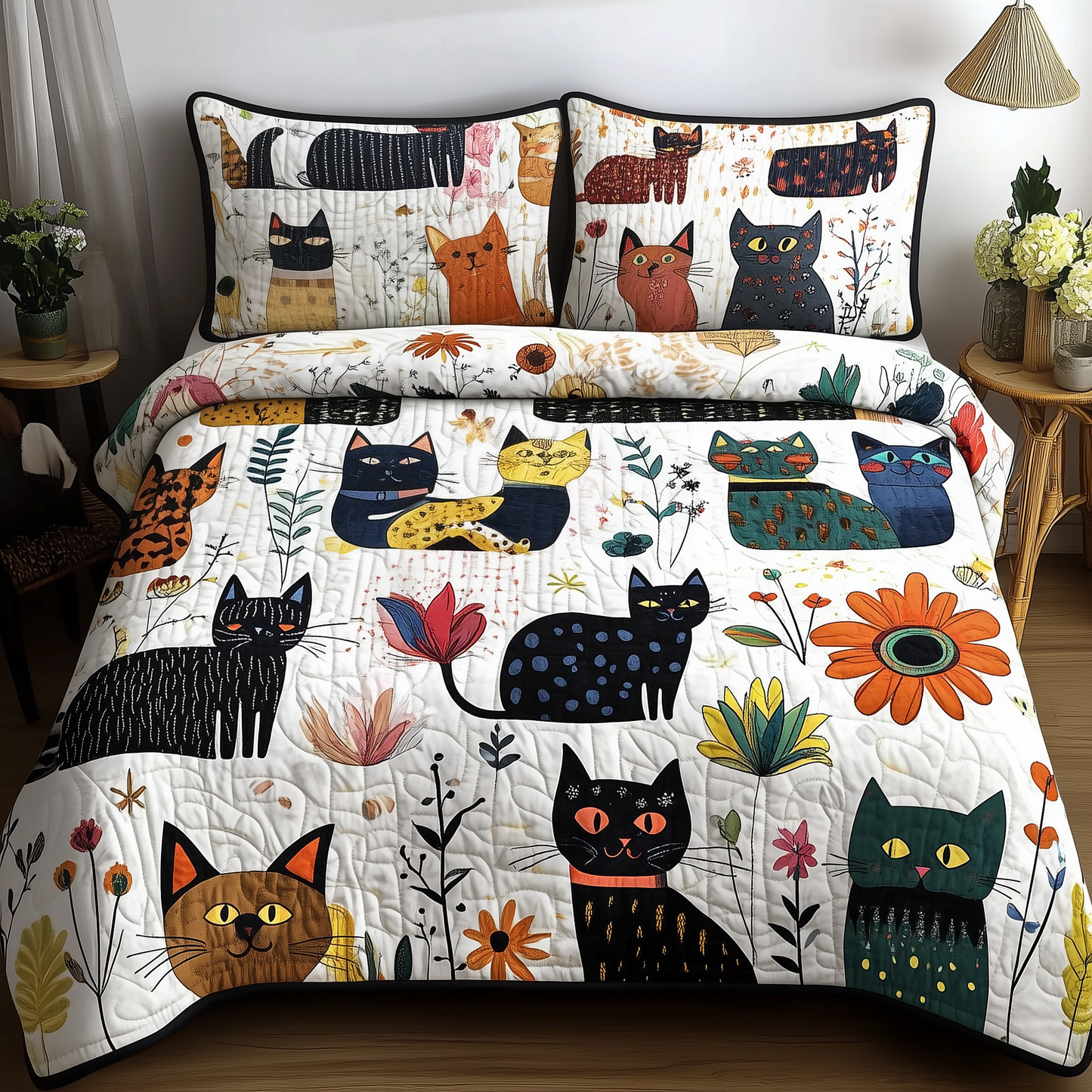 Playful Botanical Cat 3-Piece Quilted Bedding Set GFTONL290