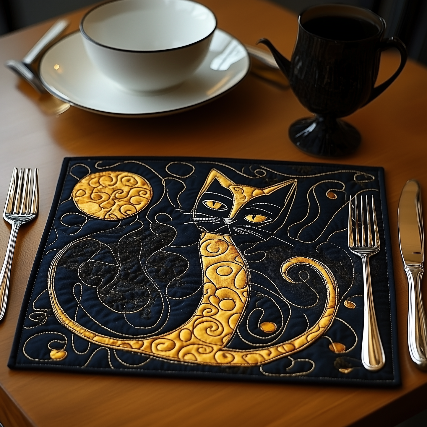 Black and Gold Cat Quilted Placemat GFTONL426