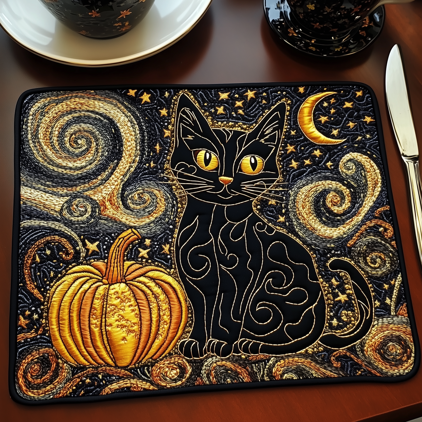 Starry Black Cat Quilted Placemat GFTONL433