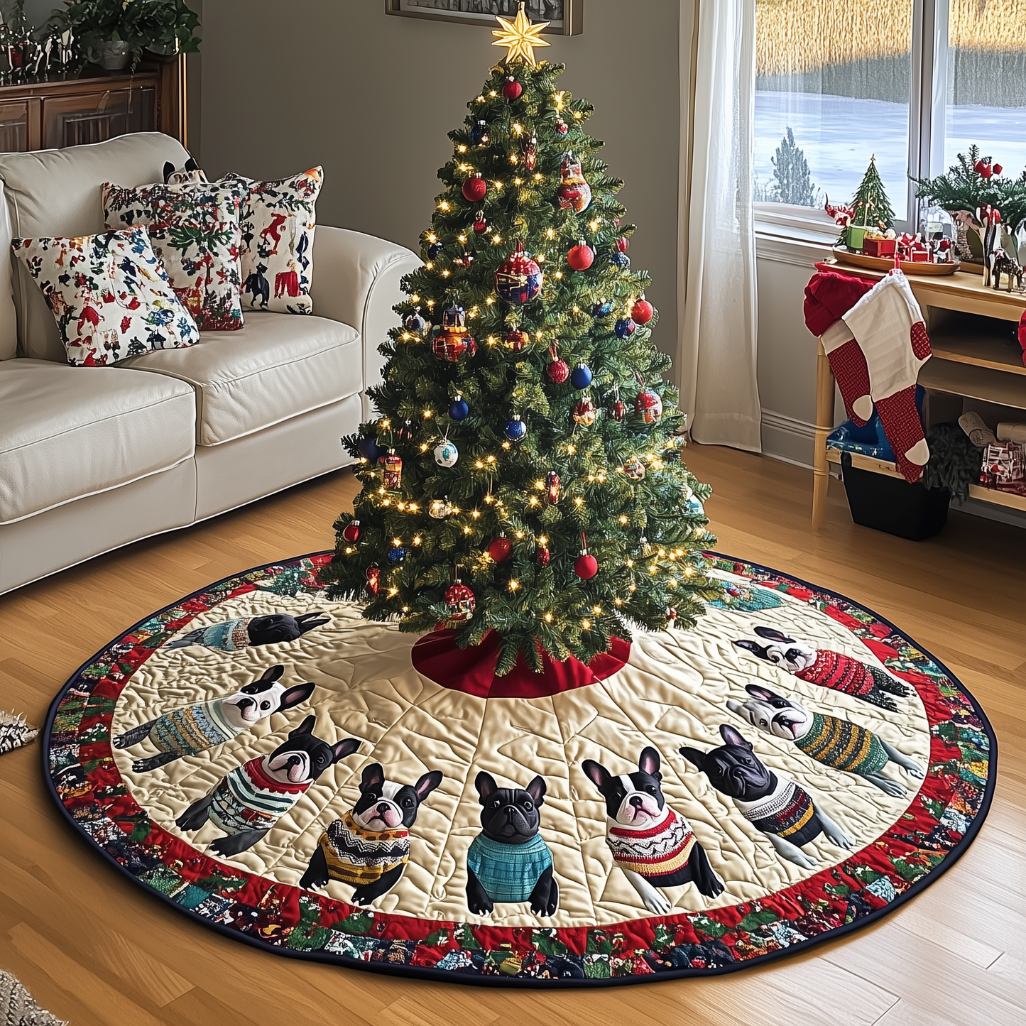 Playful French Bulldog Christmas Quilted Tree Skirt GFTONL779