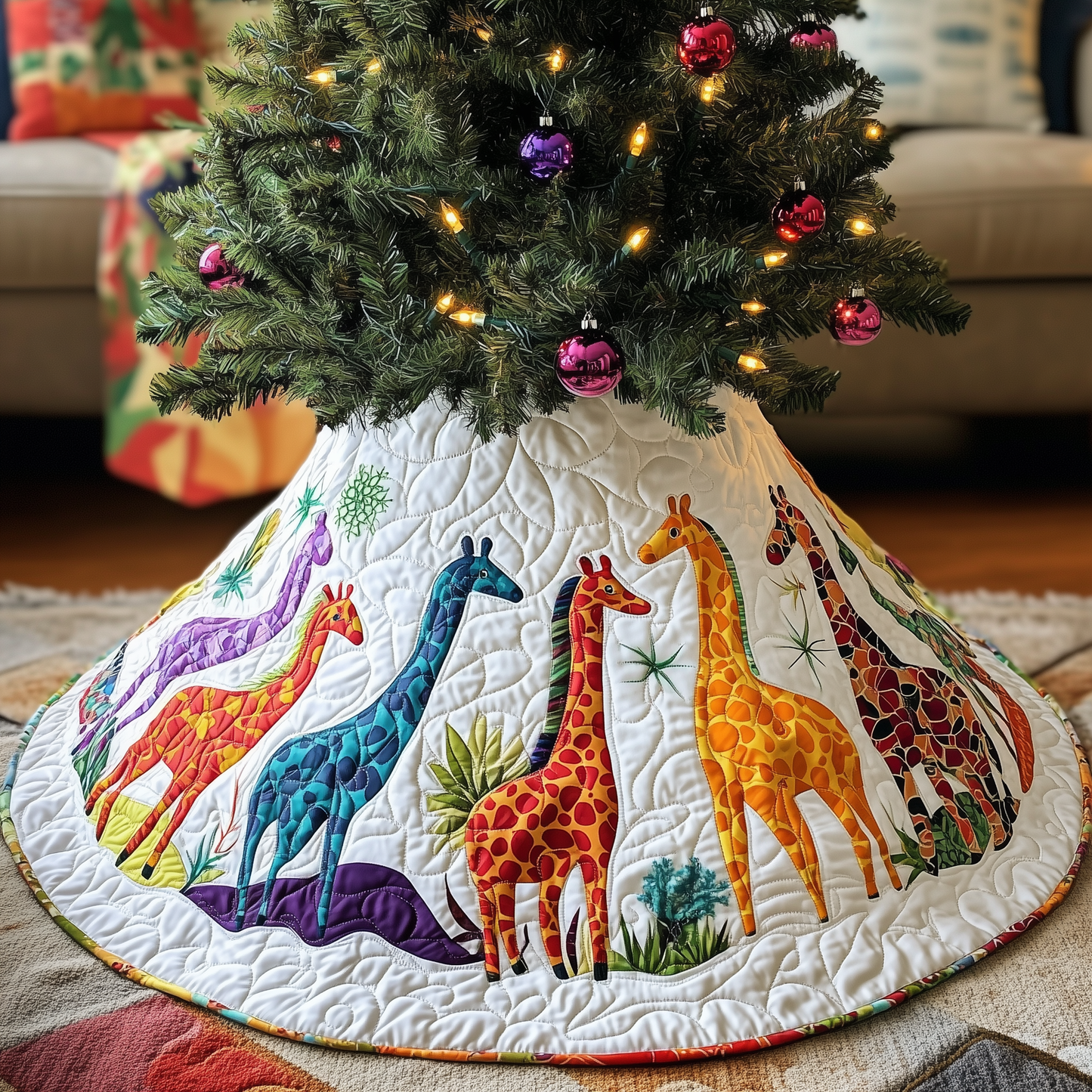 Colorful Giraffes Christmas Quilted Tree Skirt GFTONL799