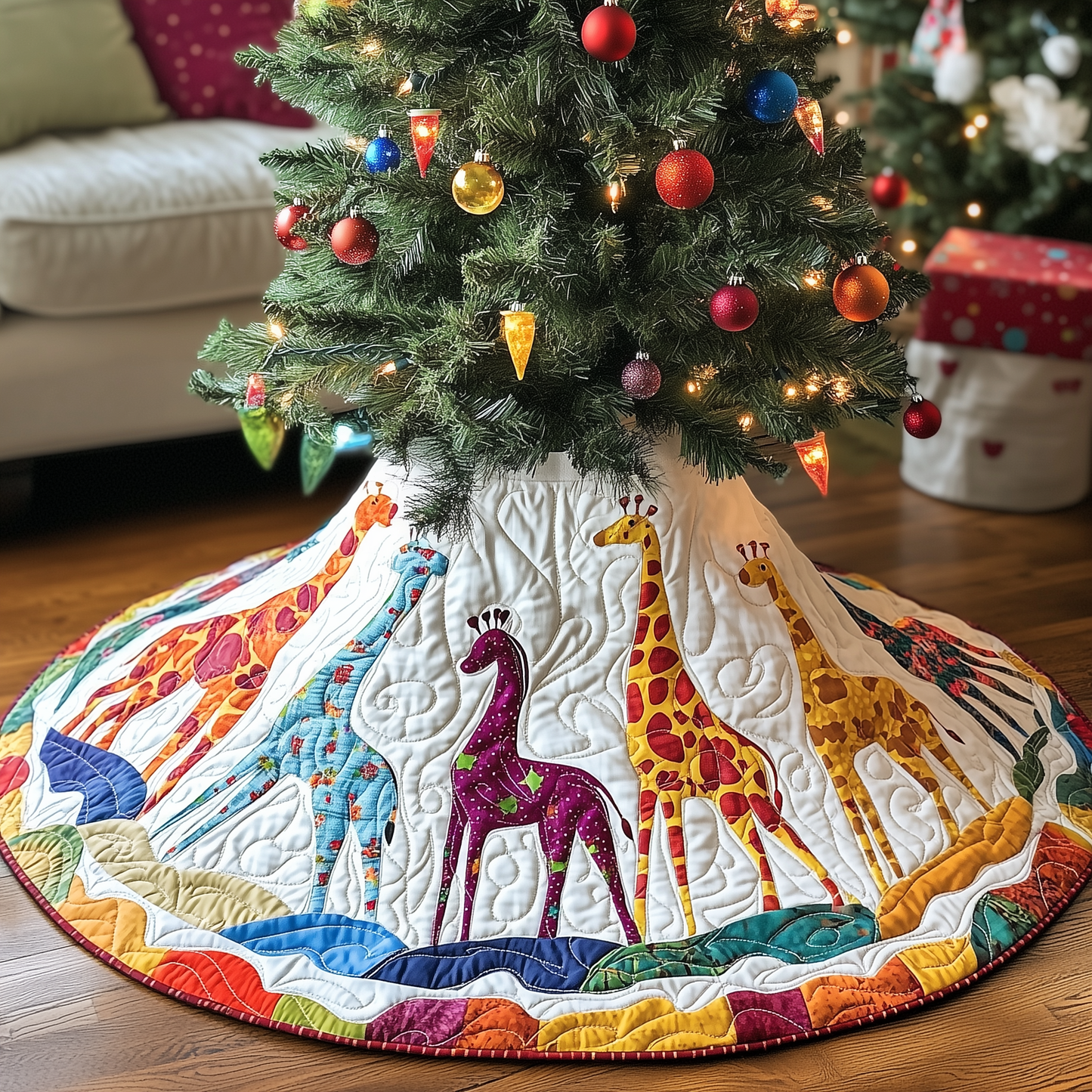 Colorful Giraffes Christmas Quilted Tree Skirt GFTONL800