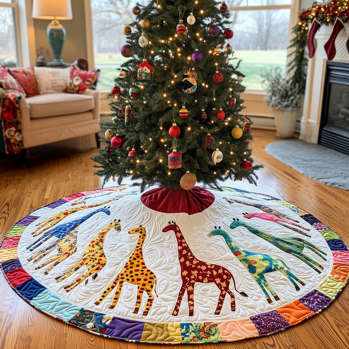 Colorful Giraffes Christmas Quilted Tree Skirt GFTONL801