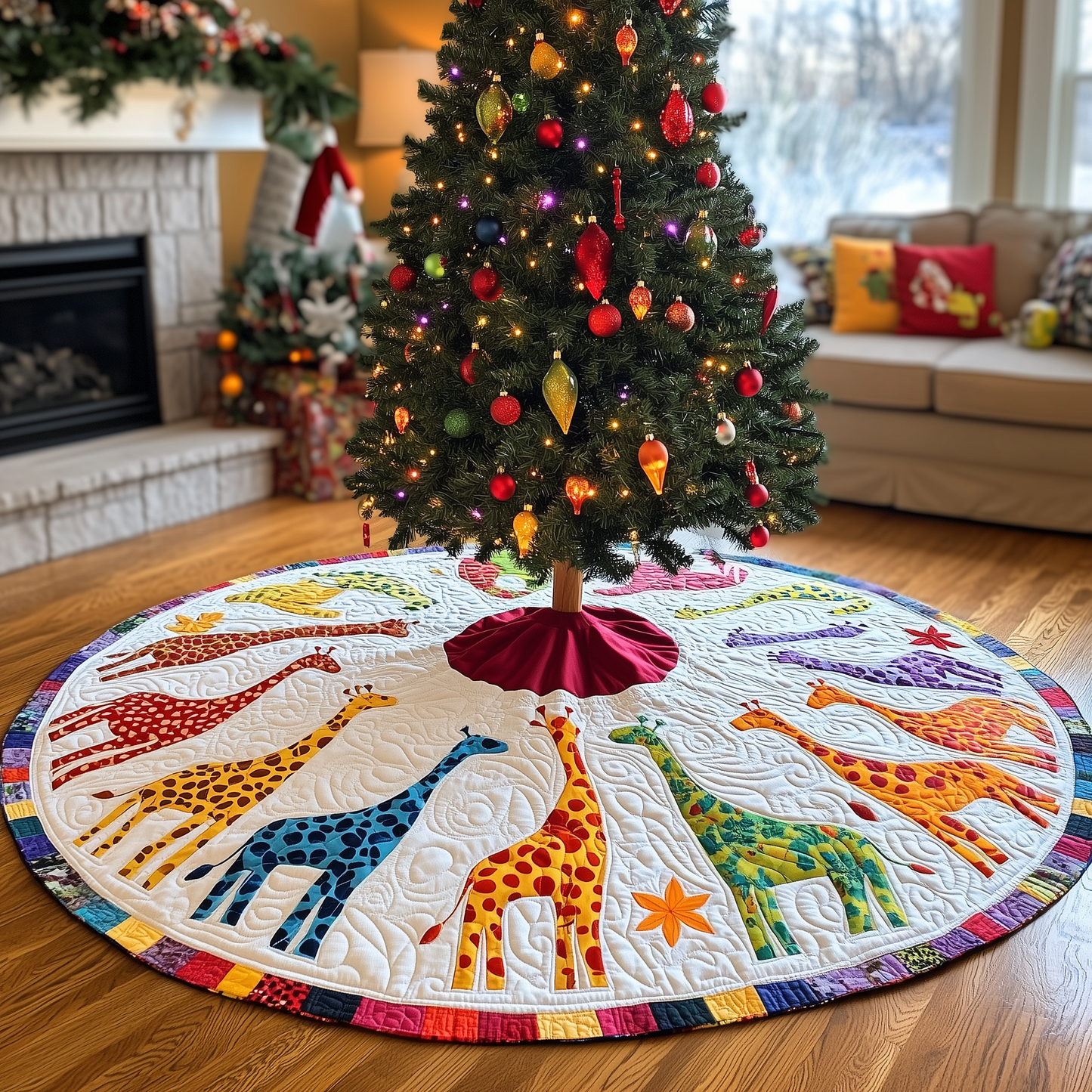 Colorful Giraffes Christmas Quilted Tree Skirt GFTONL802