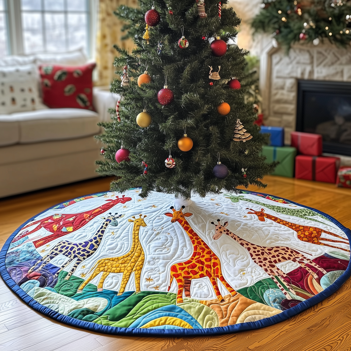 Colorful Giraffes Christmas Quilted Tree Skirt GFTONL804