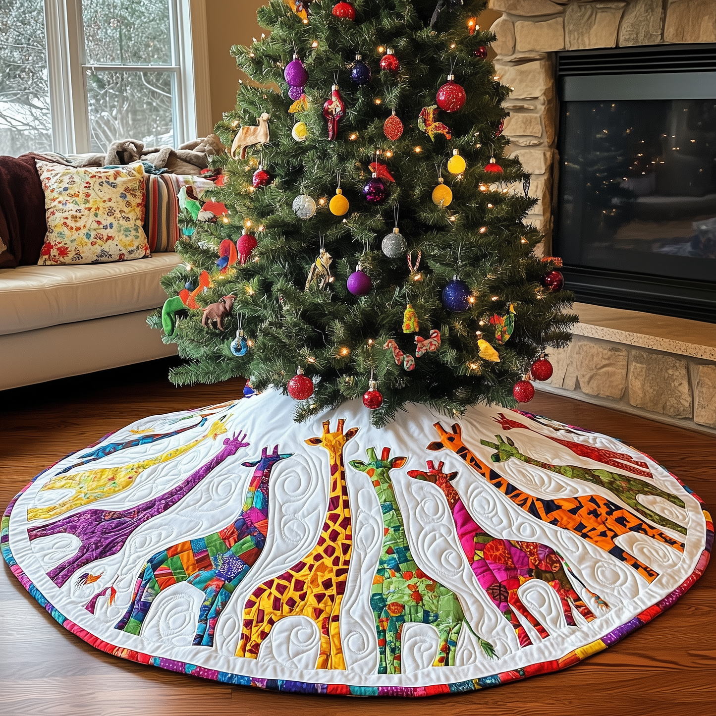 Colorful Giraffes Christmas Quilted Tree Skirt GFTONL805