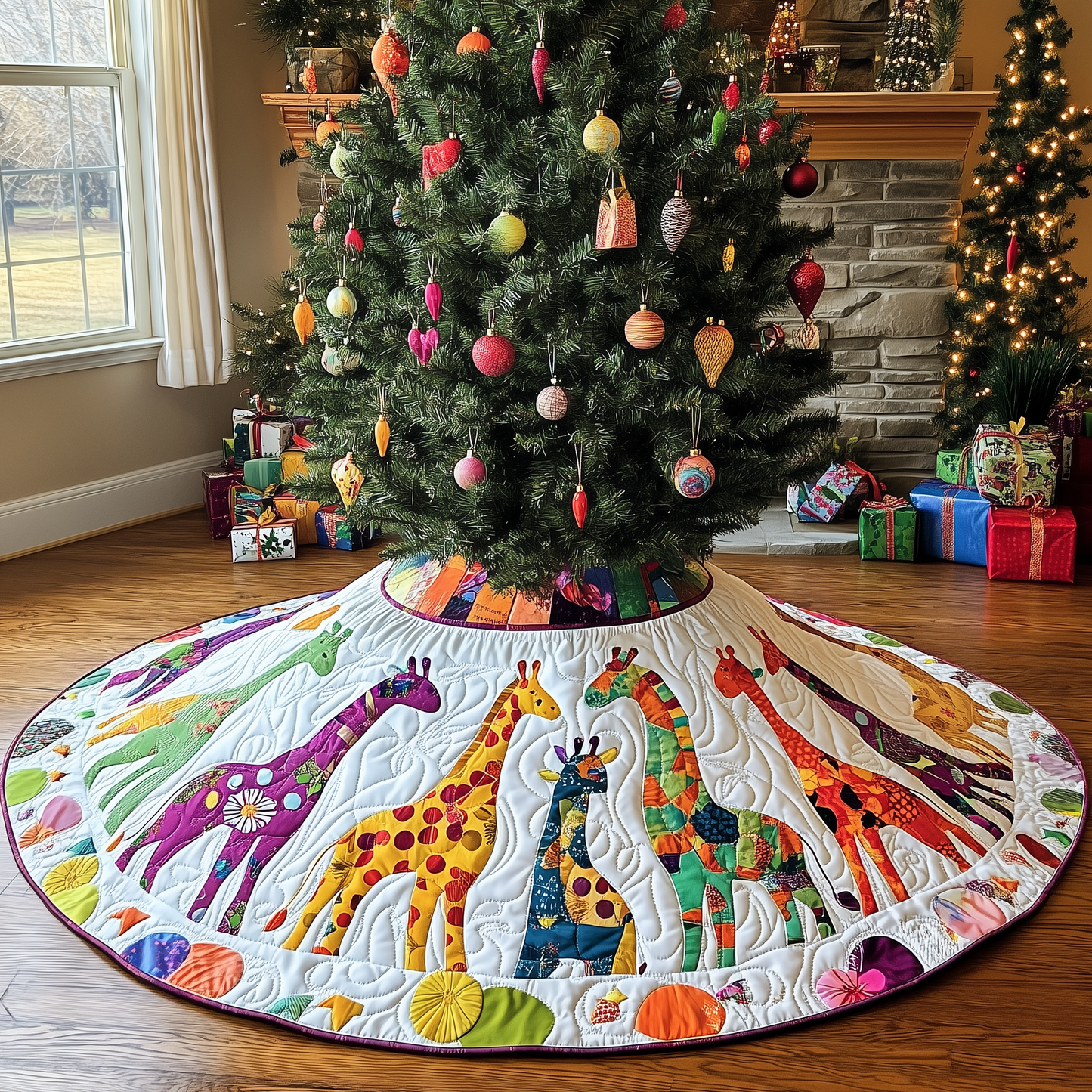 Colorful Giraffes Christmas Quilted Tree Skirt GFTONL806