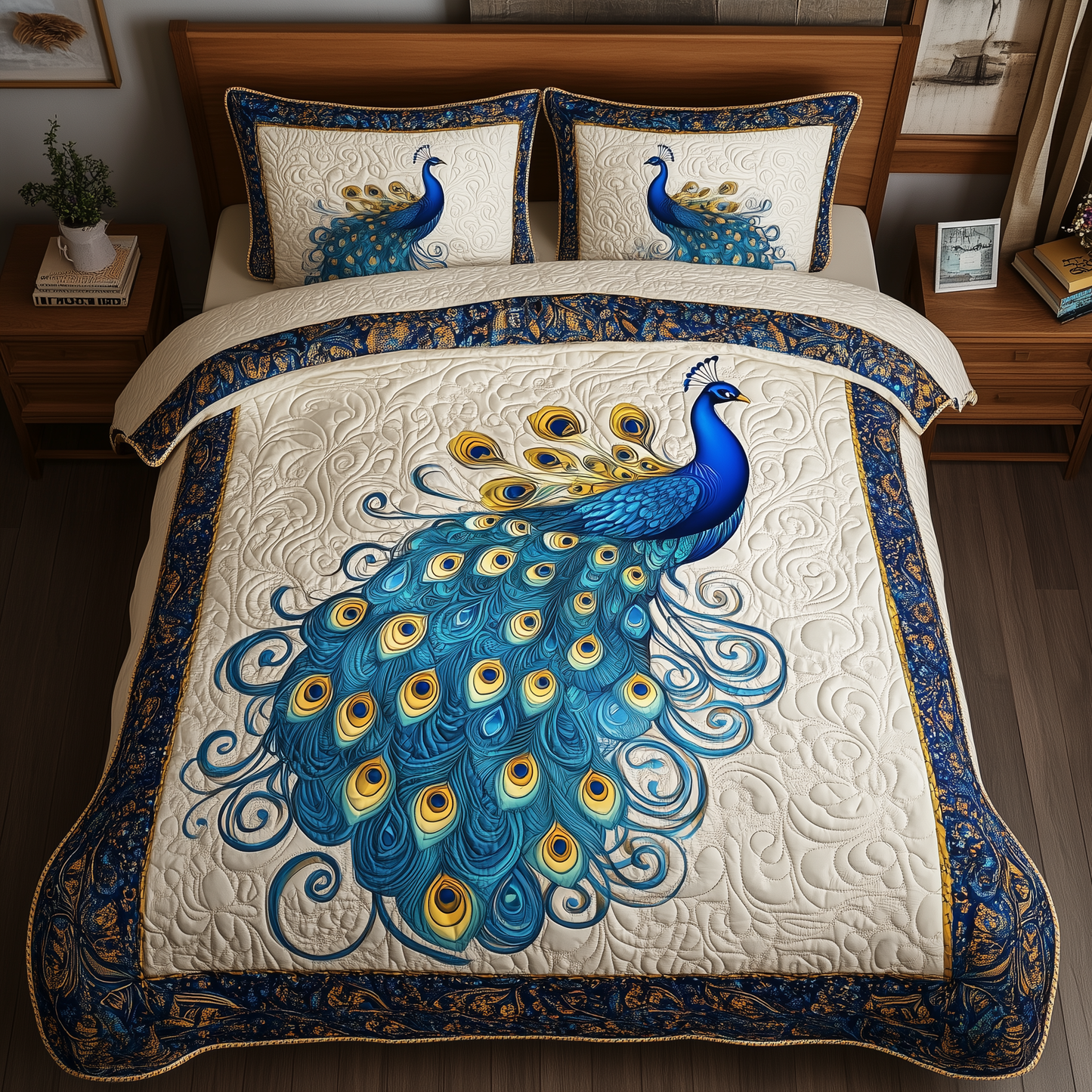 Blue Peacock 3-Piece Quilted Bedding Set GFTONL815