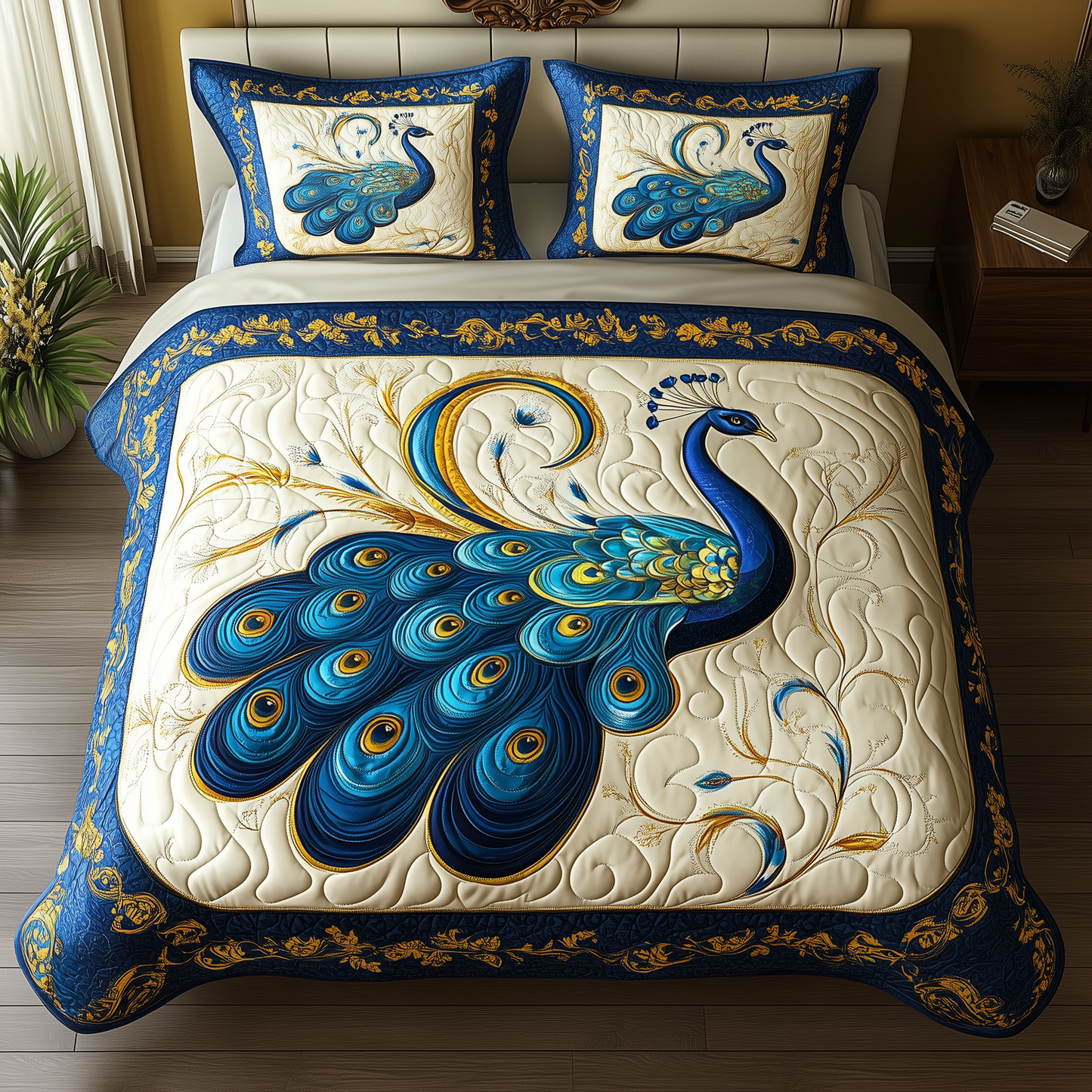 Blue Peacock 3-Piece Quilted Bedding Set GFTONL818