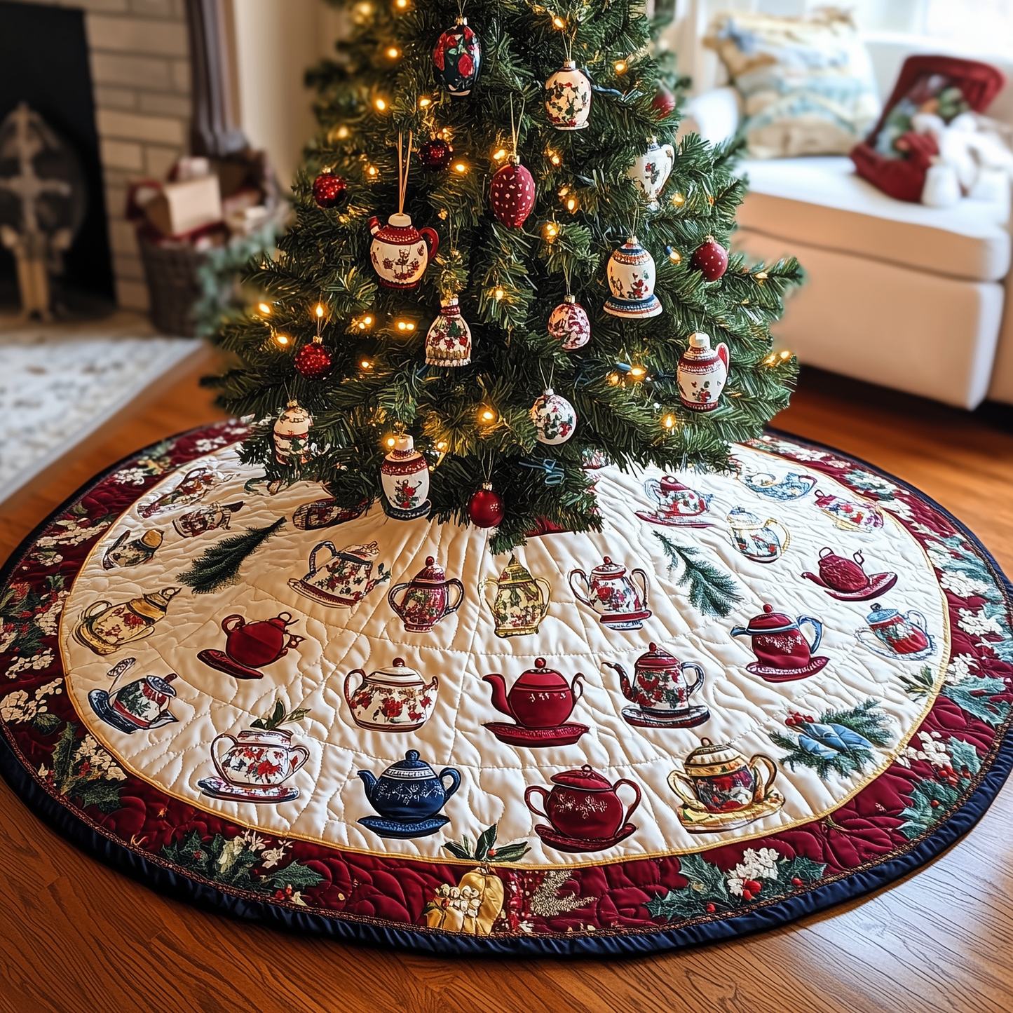 Festive Teapot Quilted Tree Skirt GFTONL890