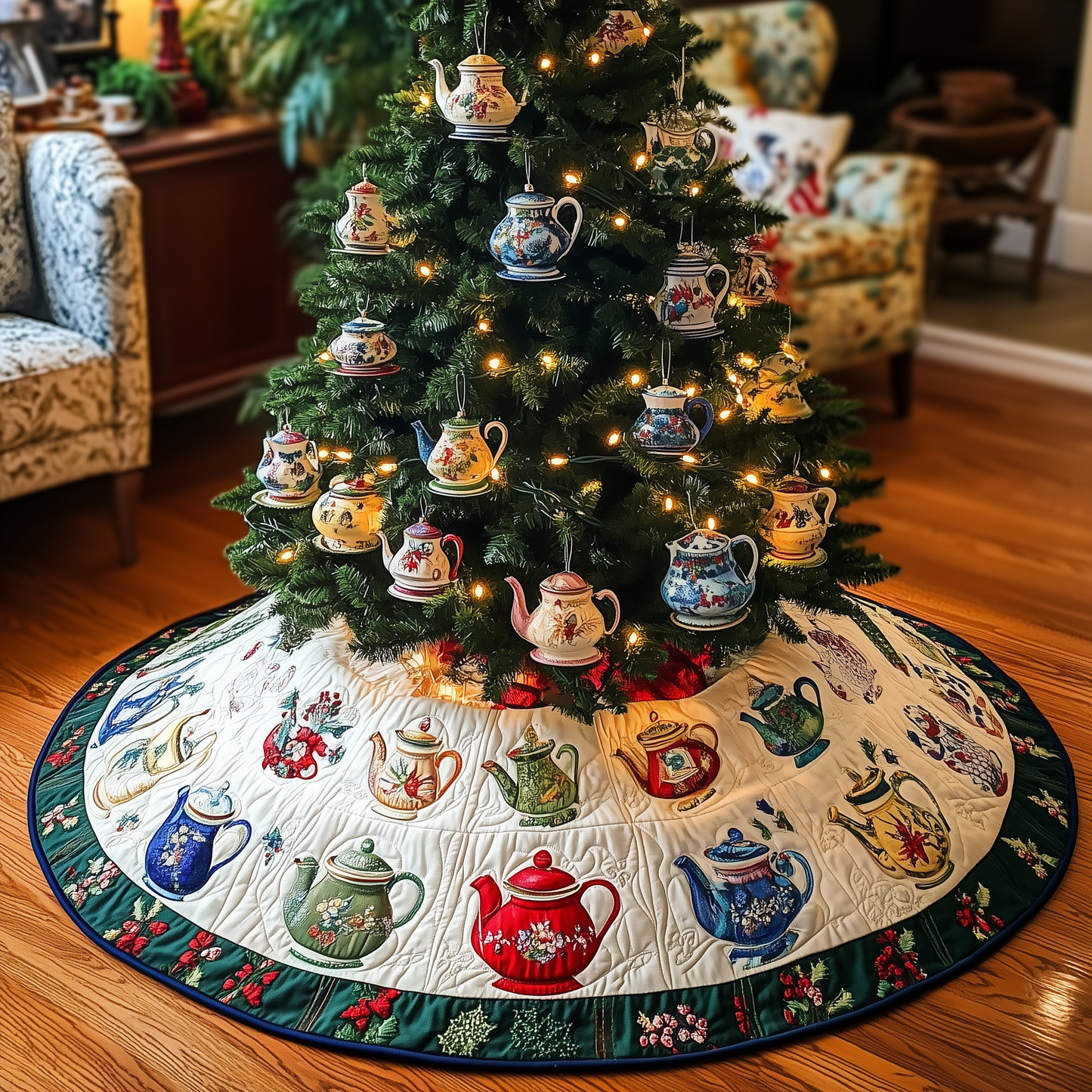 Festive Teapot Quilted Tree Skirt GFTONL891