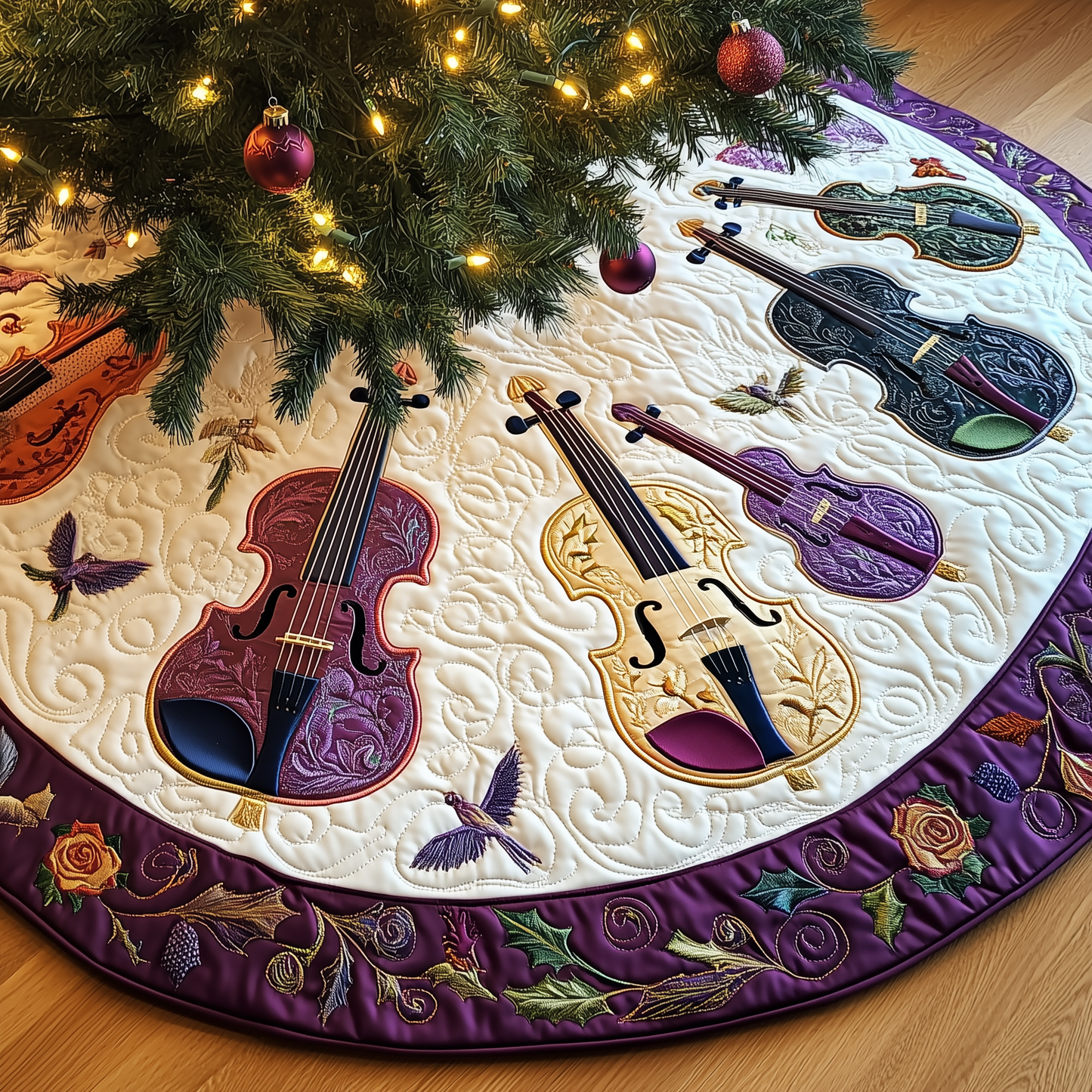 Festive Purple Violins Quilted Tree Skirt GFTOTL1132