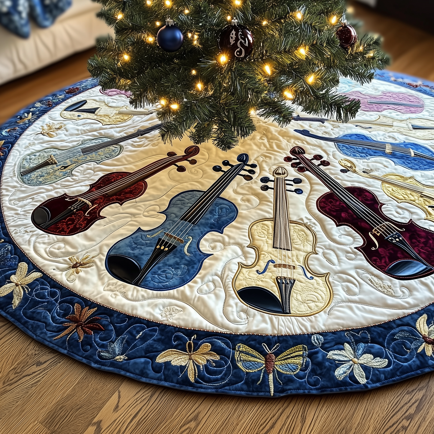 Festive Blue Violins Quilted Tree Skirt GFTOTL1134