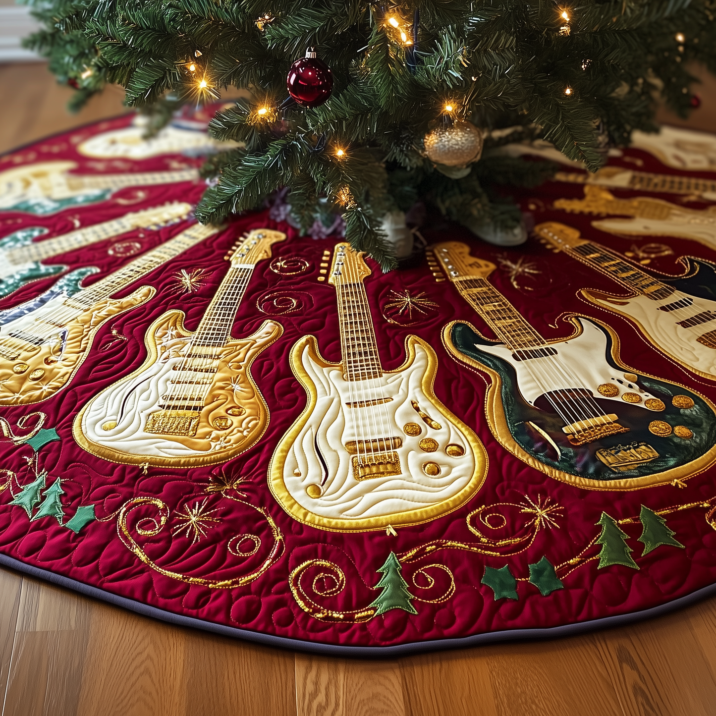 Festive Gold Guitar Quilted Tree Skirt GFTOTL1158