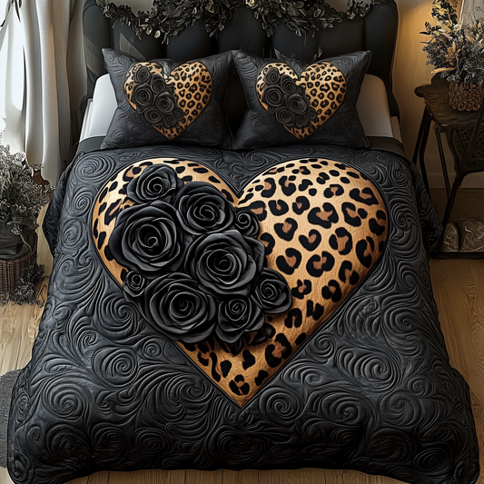 Black Leopard Rose 3-Piece Quilted Bedding Set GFTOTL1374