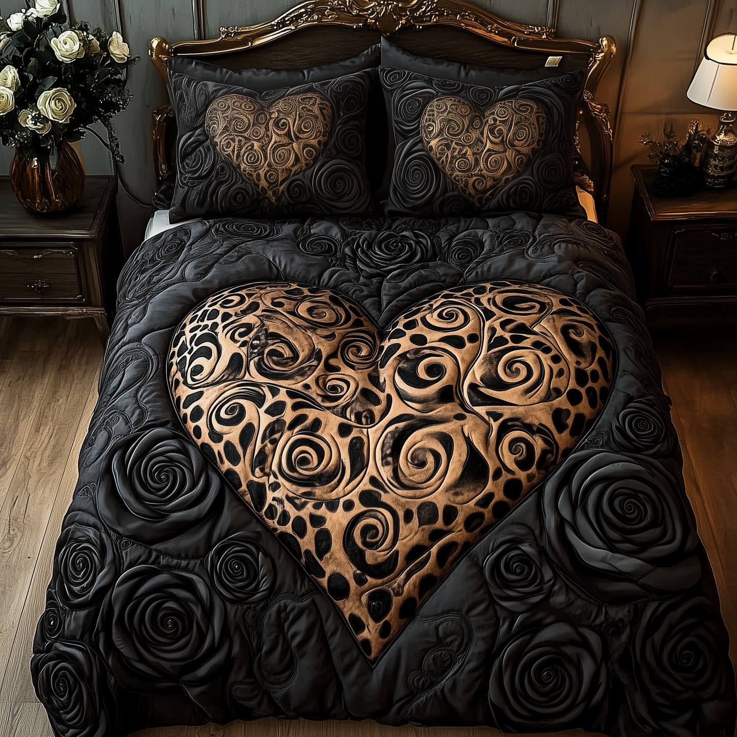 Black Leopard Rose 3-Piece Quilted Bedding Set GFTOTL1375