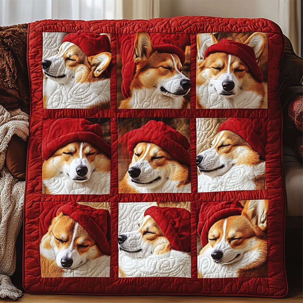 Red Hat Baby Corgi Quilted Blanket GFTOTL154