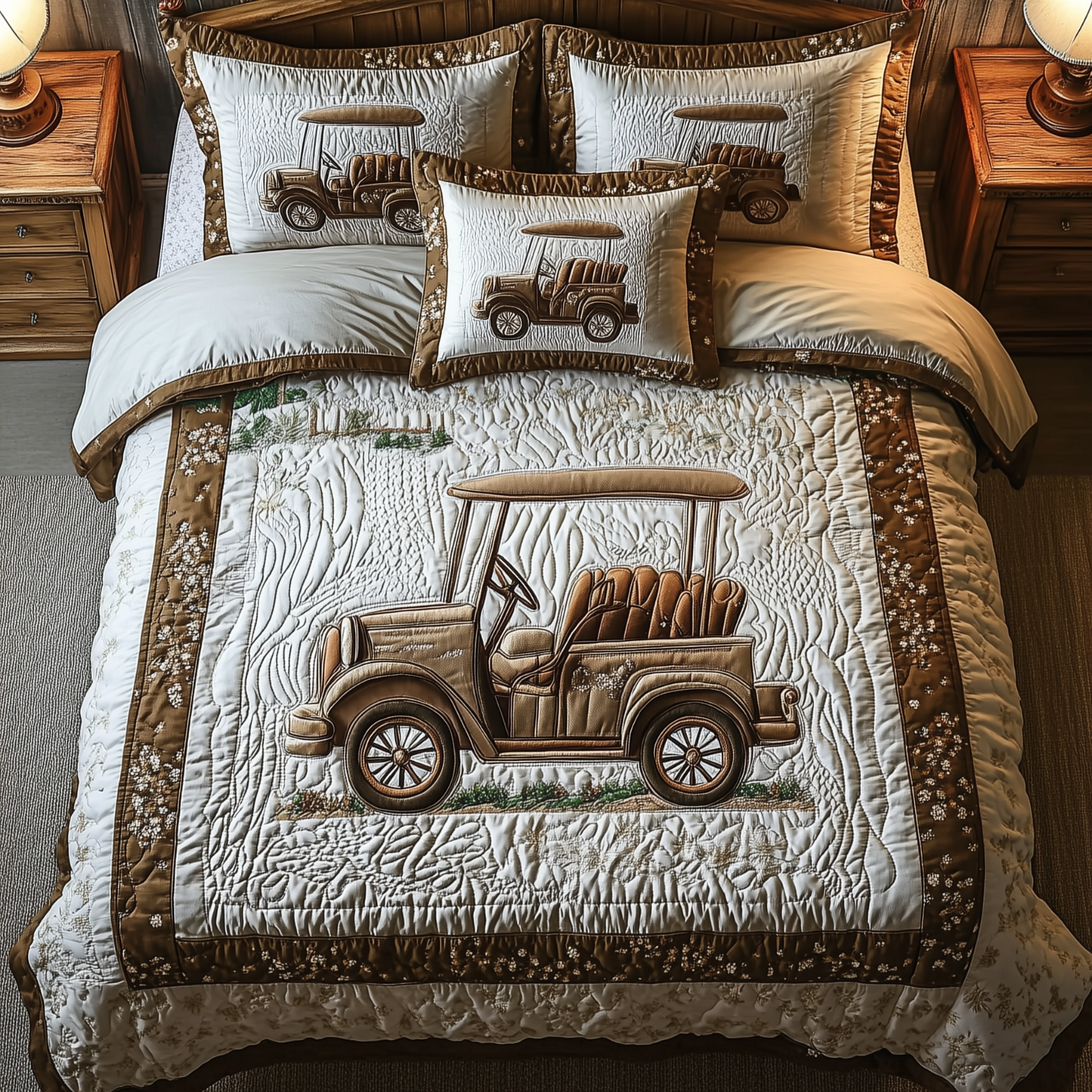 Vintage Golf Cart 3-Piece Quilted Bedding Set GFTOTL1566