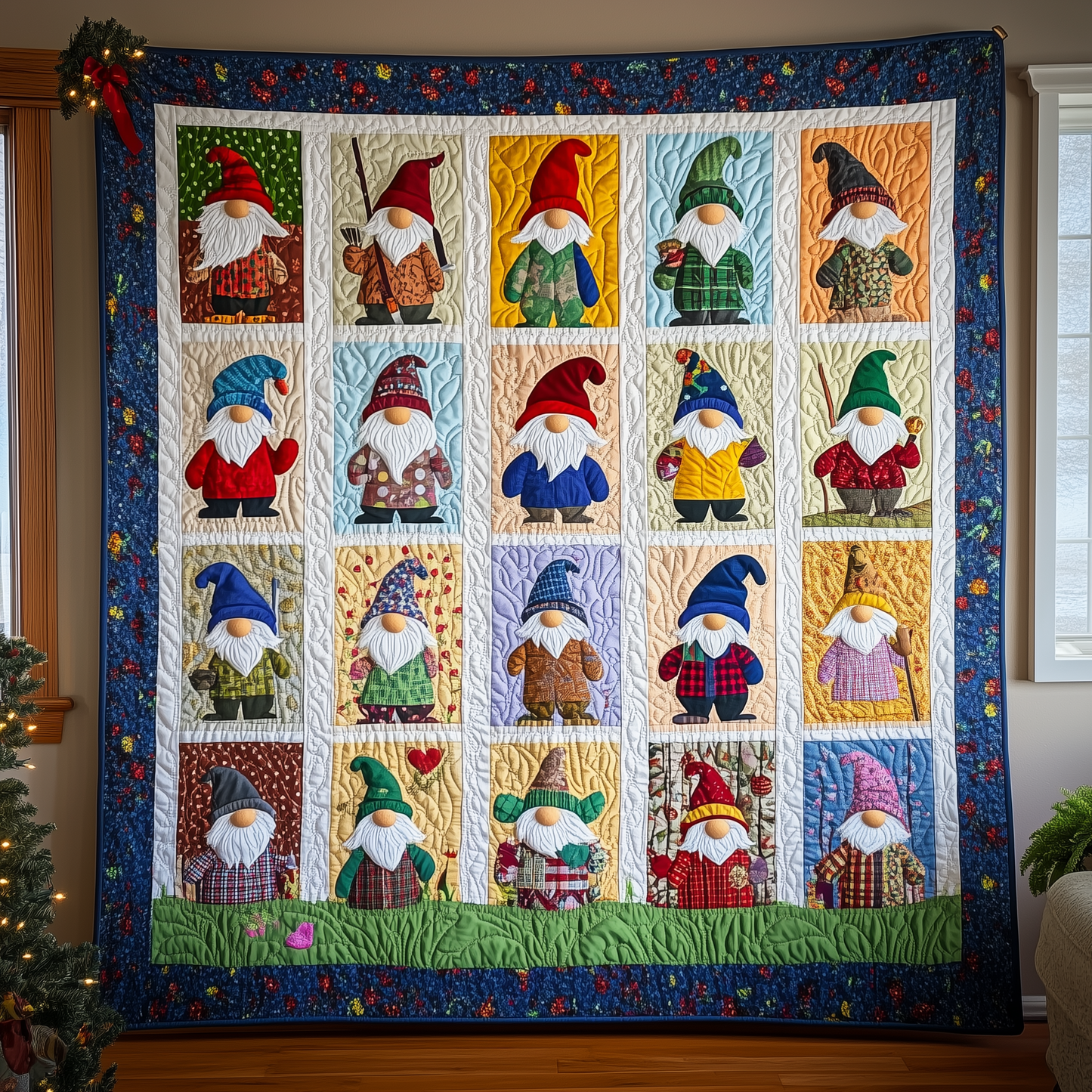 Blue Christmas Gnomes Quilted Blanket GFTOTL510