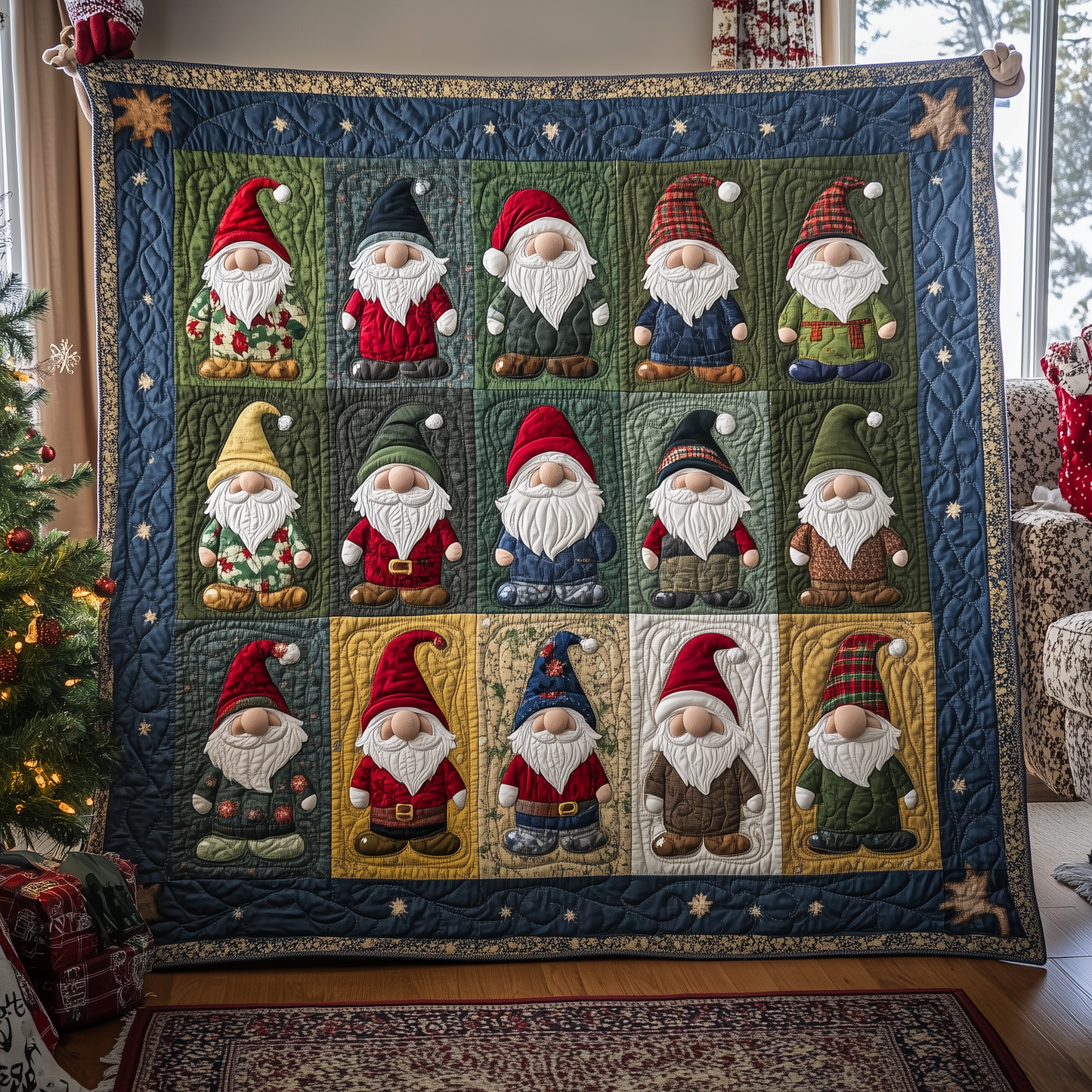 Blue Christmas Gnomes Quilted Blanket GFTOTL512