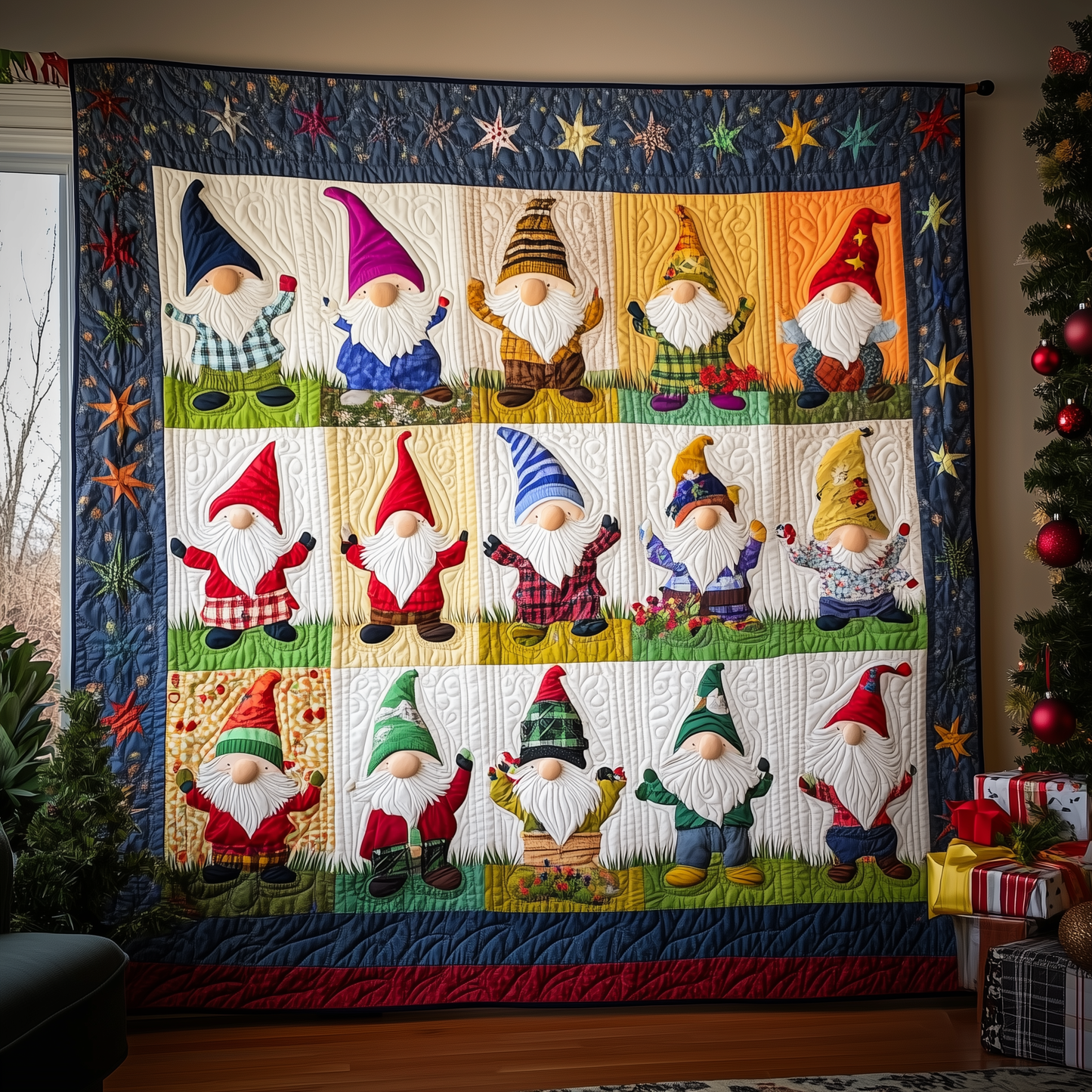 Blue Christmas Gnomes Quilted Blanket GFTOTL516