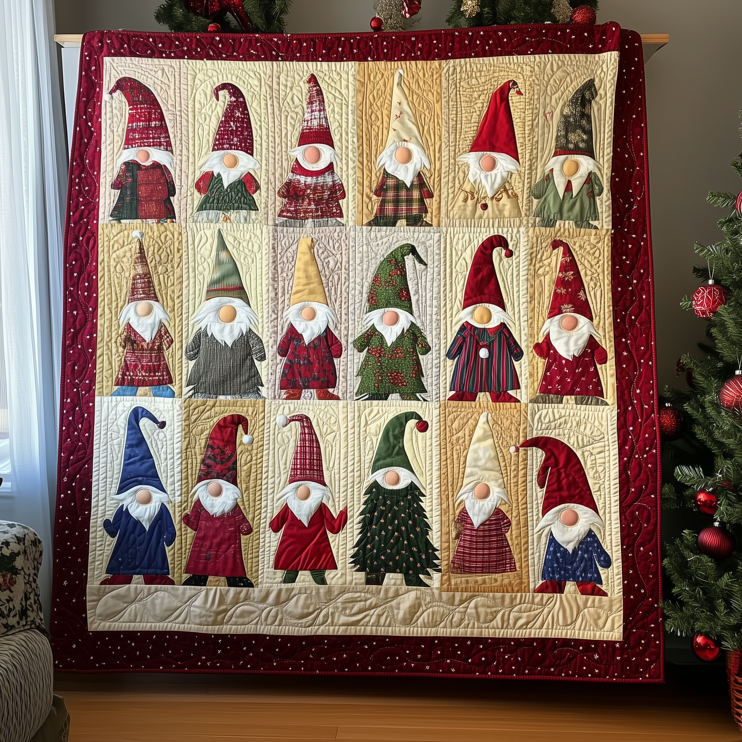 Red Christmas Gnomes Quilted Blanket GFTOTL519