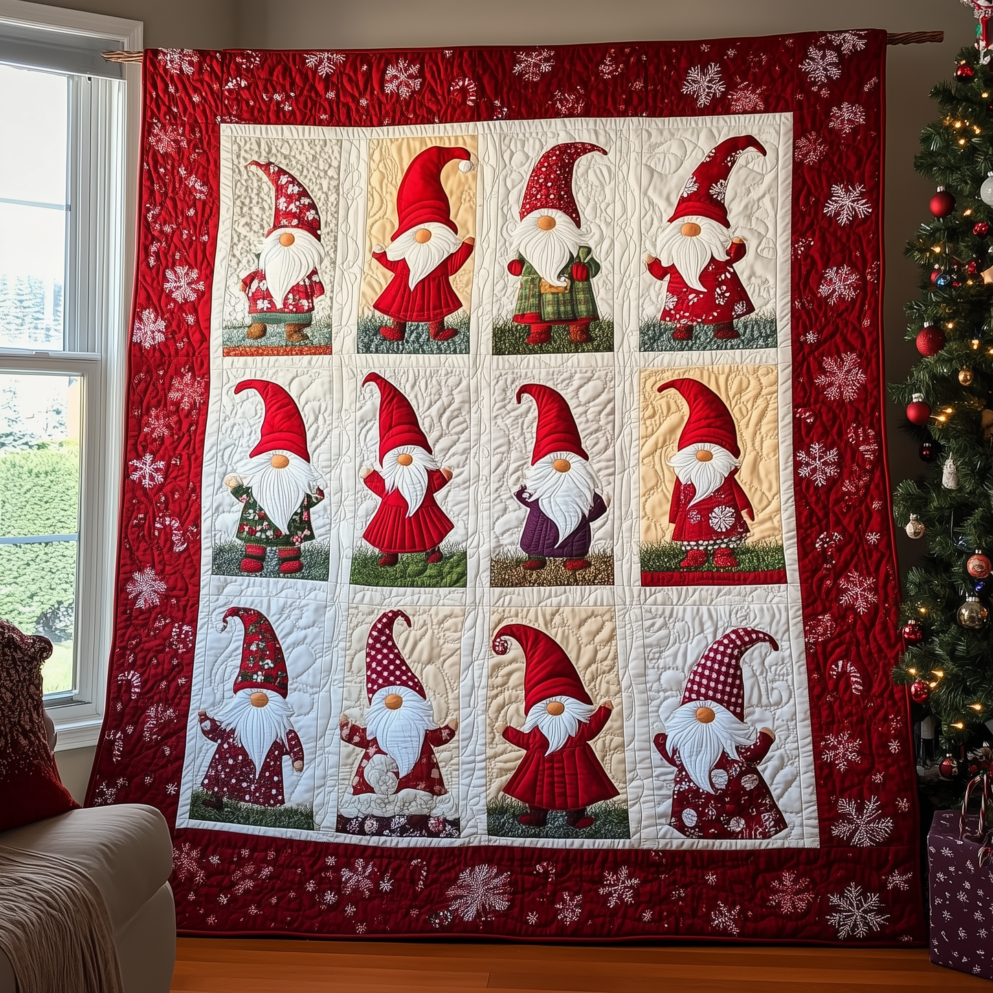 Red Christmas Gnomes Quilted Blanket GFTOTL520