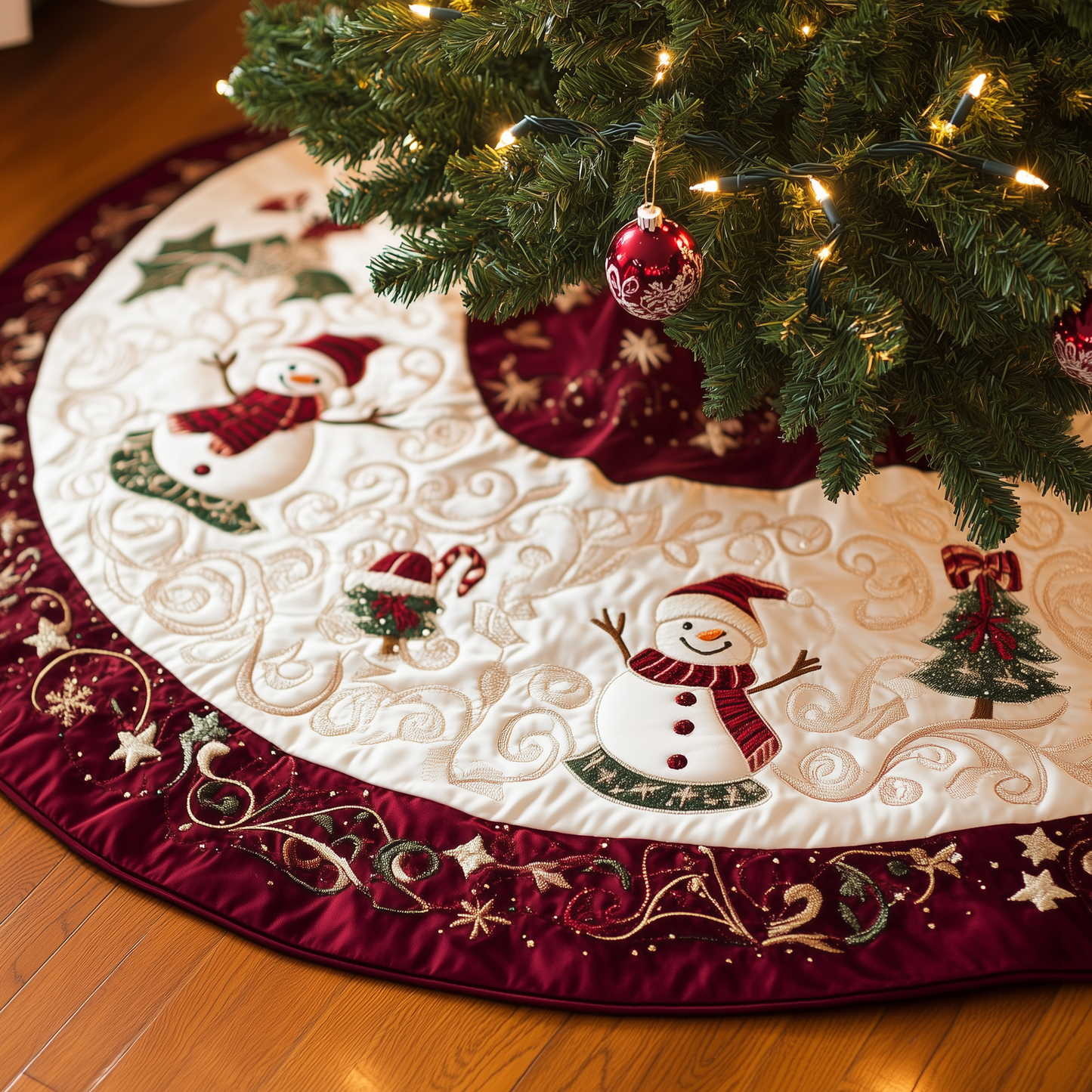 Burgundy Snowmen Quilted Tree Skirt GFTOTL671