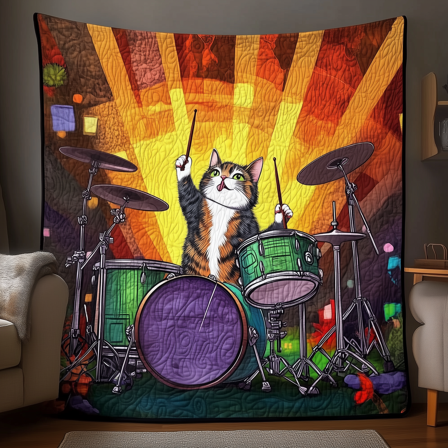 Cat Playing Drums Quilted Blanket GFTOTL877