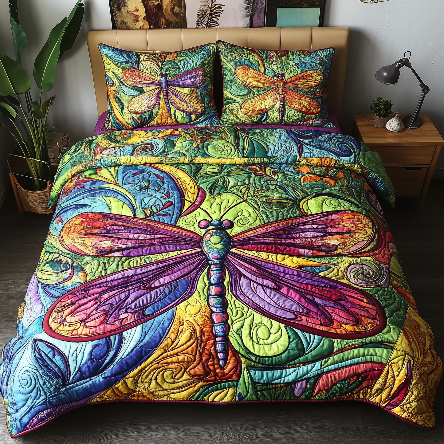 Vibrant Dragonfly 3-Piece Quilted Bedding Set GFTOTL927