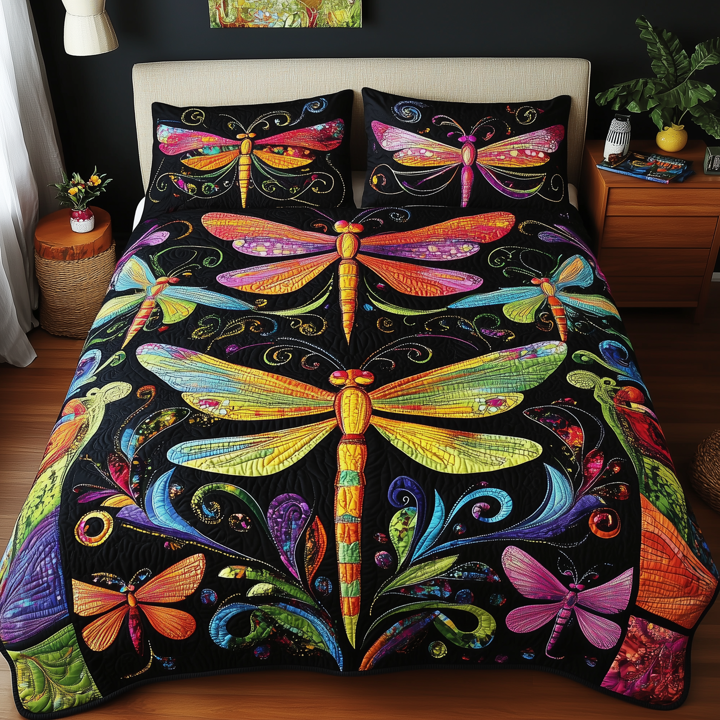 Vibrant Dragonfly 3-Piece Quilted Bedding Set GFTOTL935