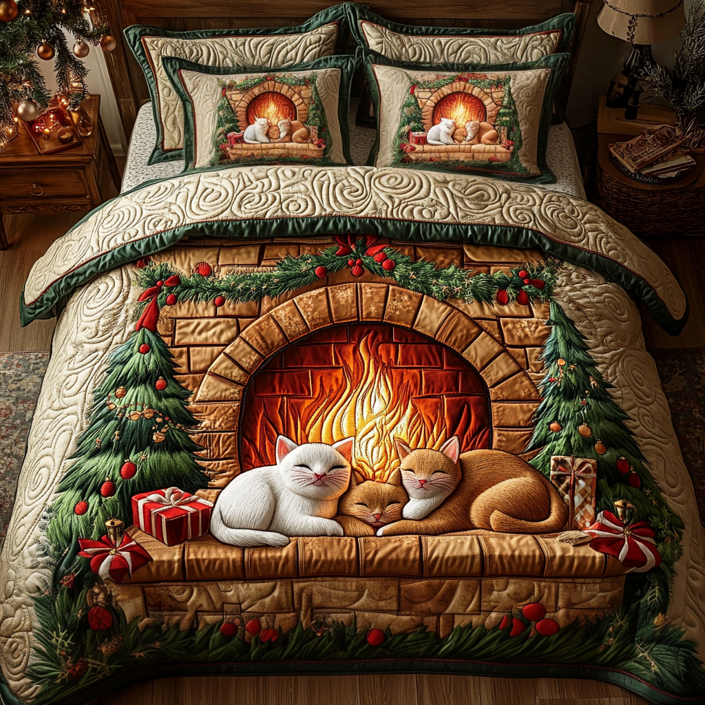 Cats by Fireplace 3-Piece Quilted Bedding Set GFTOTP1000