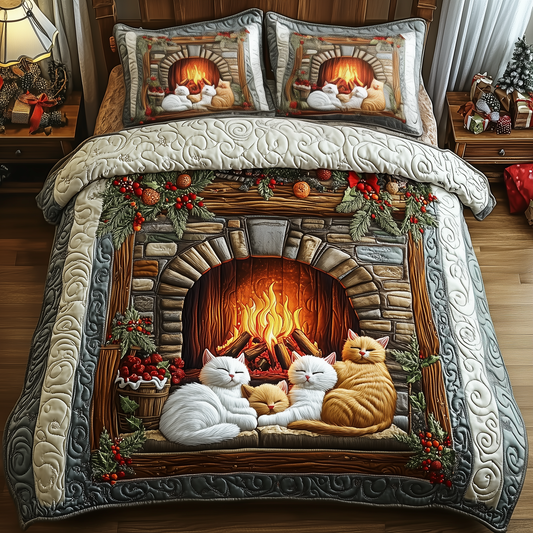 Cats by Fireplace 3-Piece Quilted Bedding Set GFTOTP1002