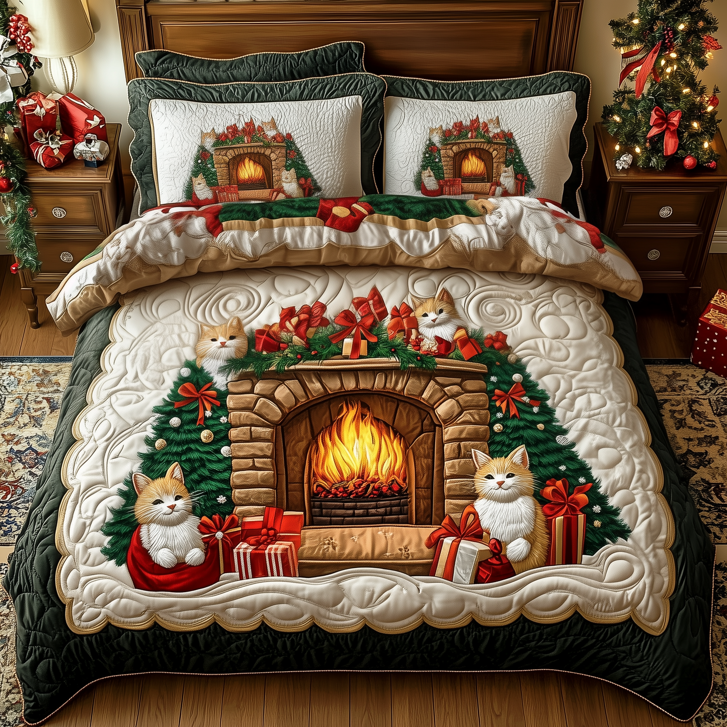 Cats by Fireplace 3-Piece Quilted Bedding Set GFTOTP1005