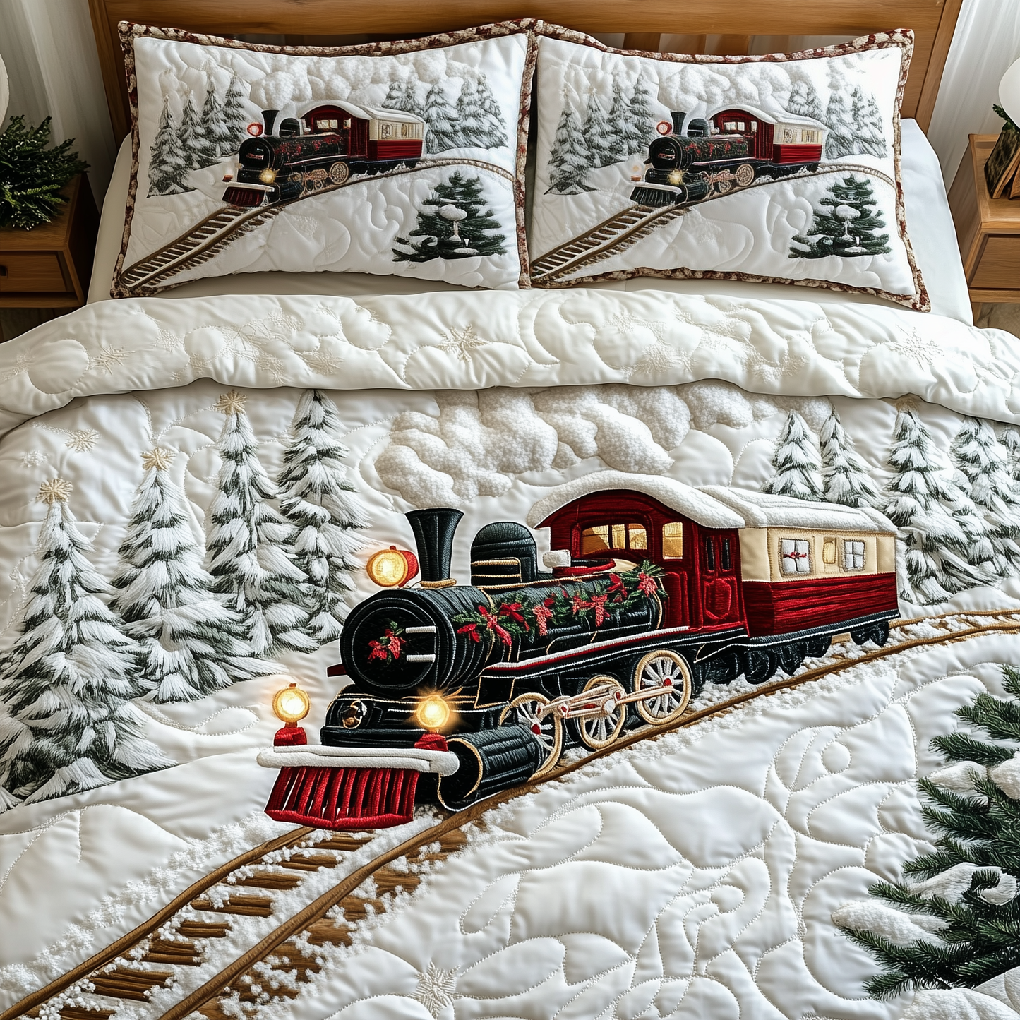 Vintage Train to Snowy Wonderland 3-Piece Quilted Bedding Set GFTOTP1048