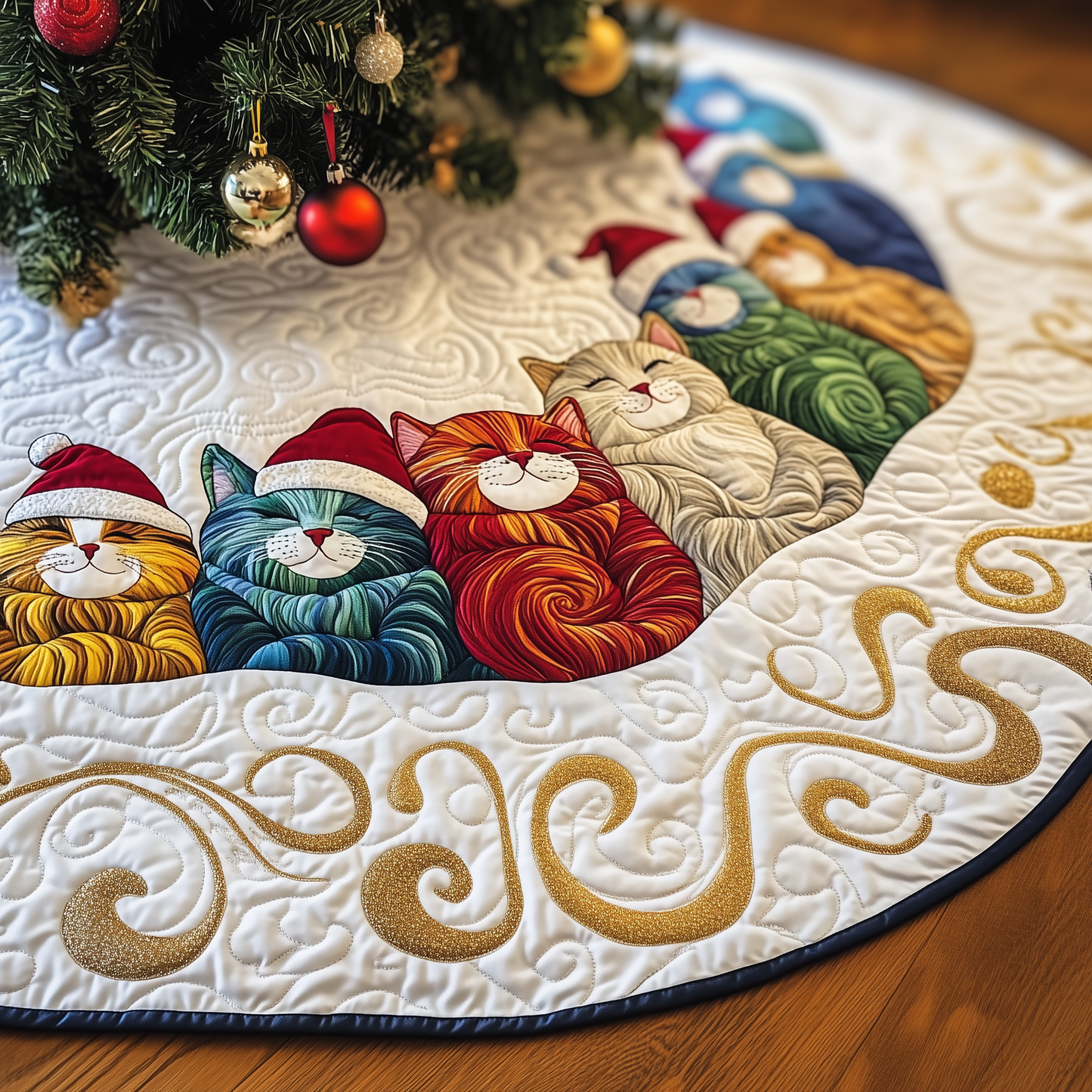 Sleeping Christmas Cat Quilted Tree Skirt GFTOTP1479