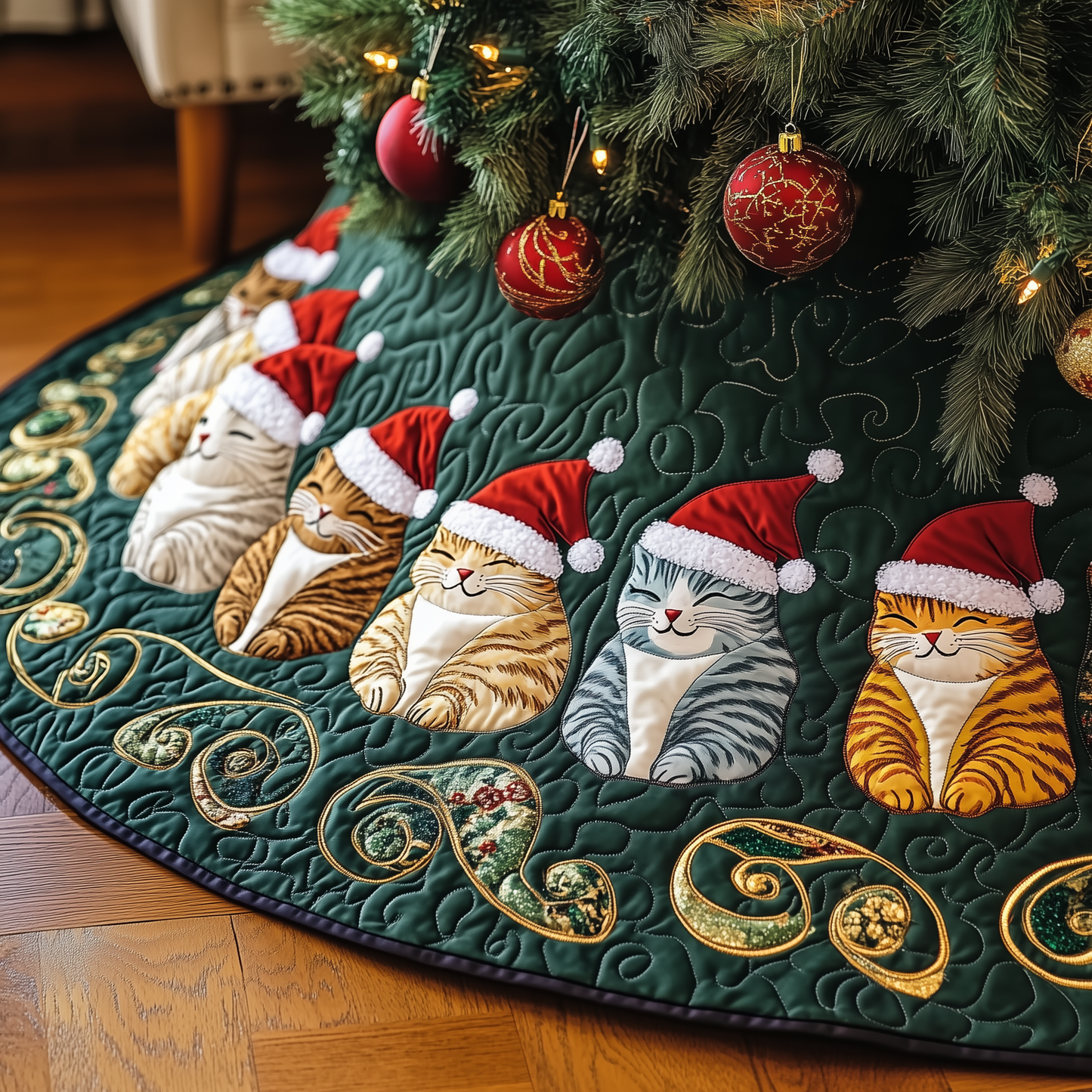 Sleeping Christmas Cat Quilted Tree Skirt GFTOTP1481