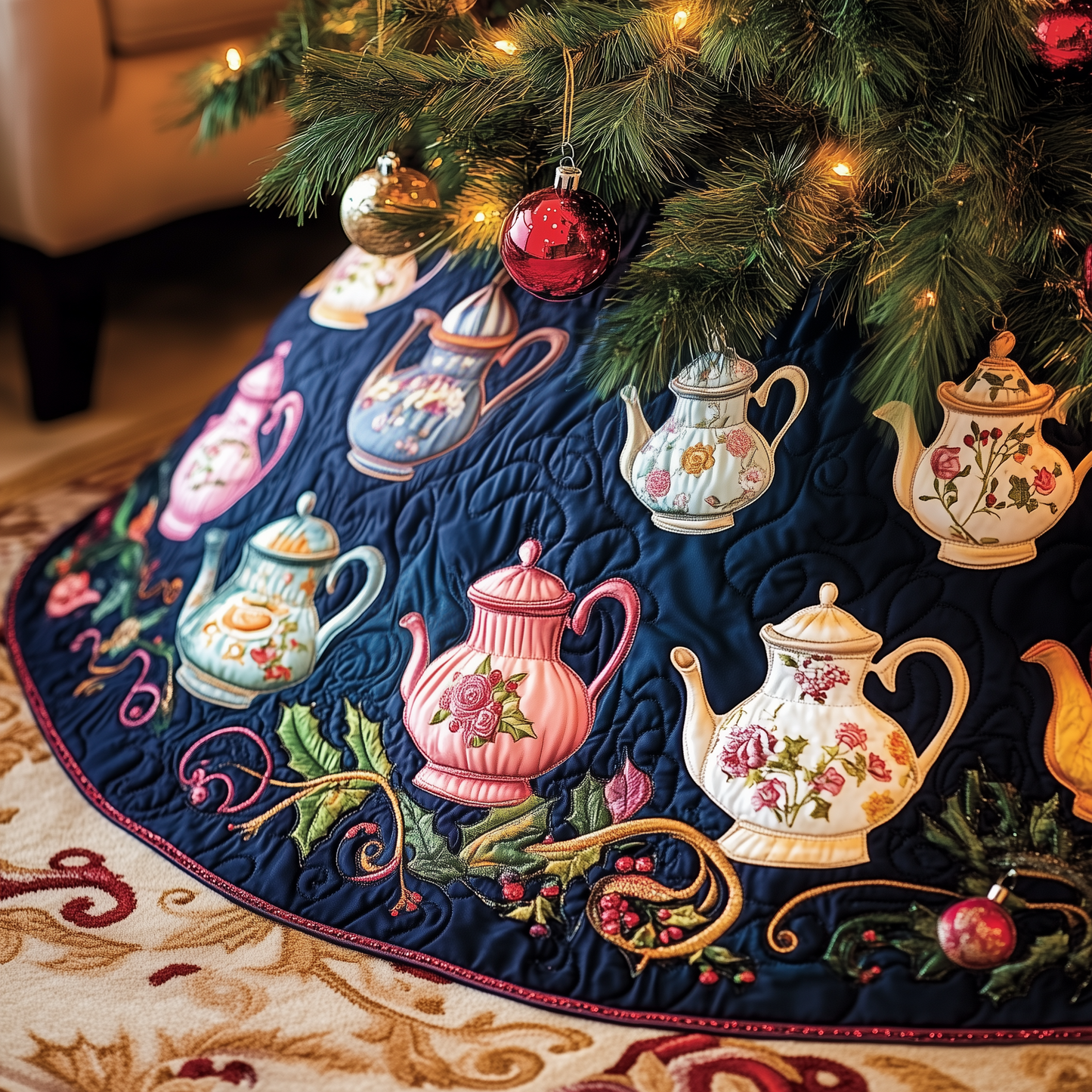 Festive Teapot Quilted Tree Skirt GFTOTP442