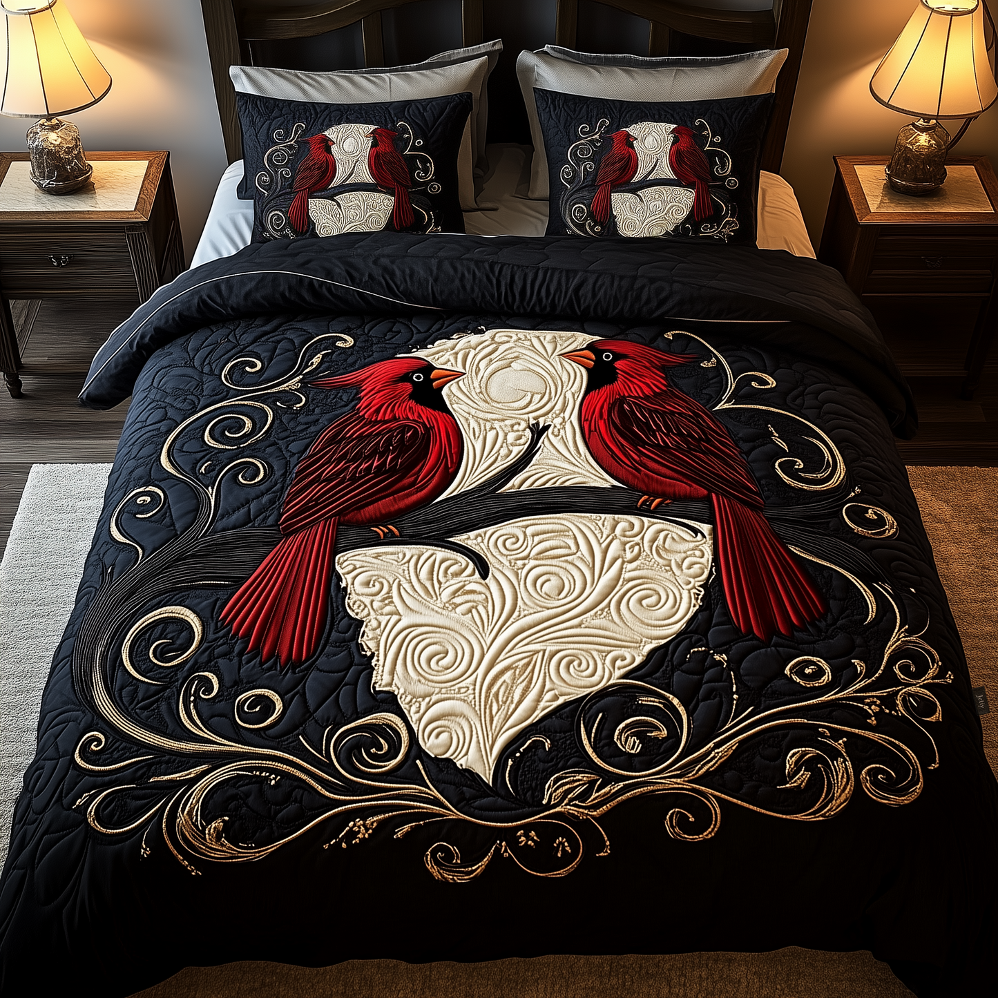 Red Cardinal Couple 3-Piece Quilted Bedding Set GFTOTP647