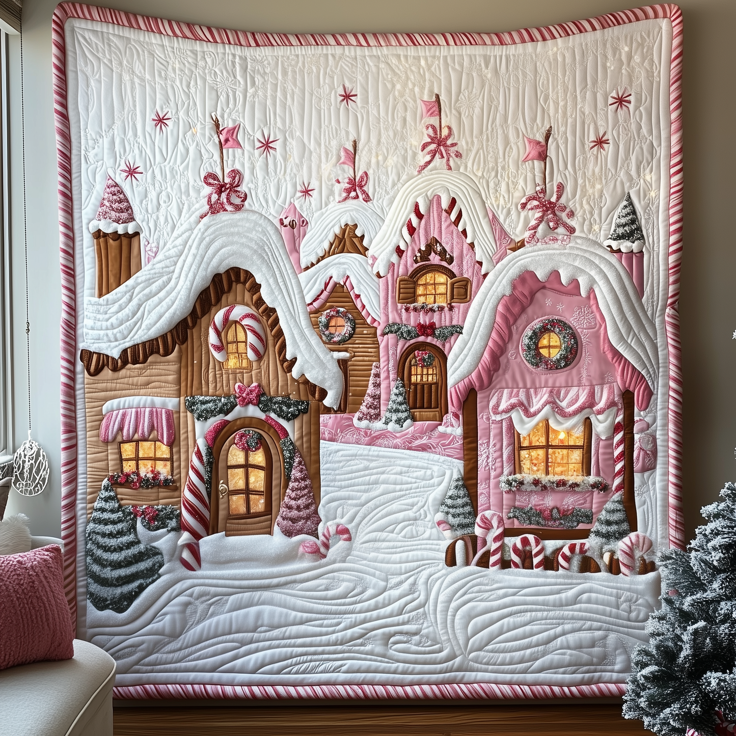 Pinky Gingerbread Christmas Village Quilted Blanket GFTOTP754