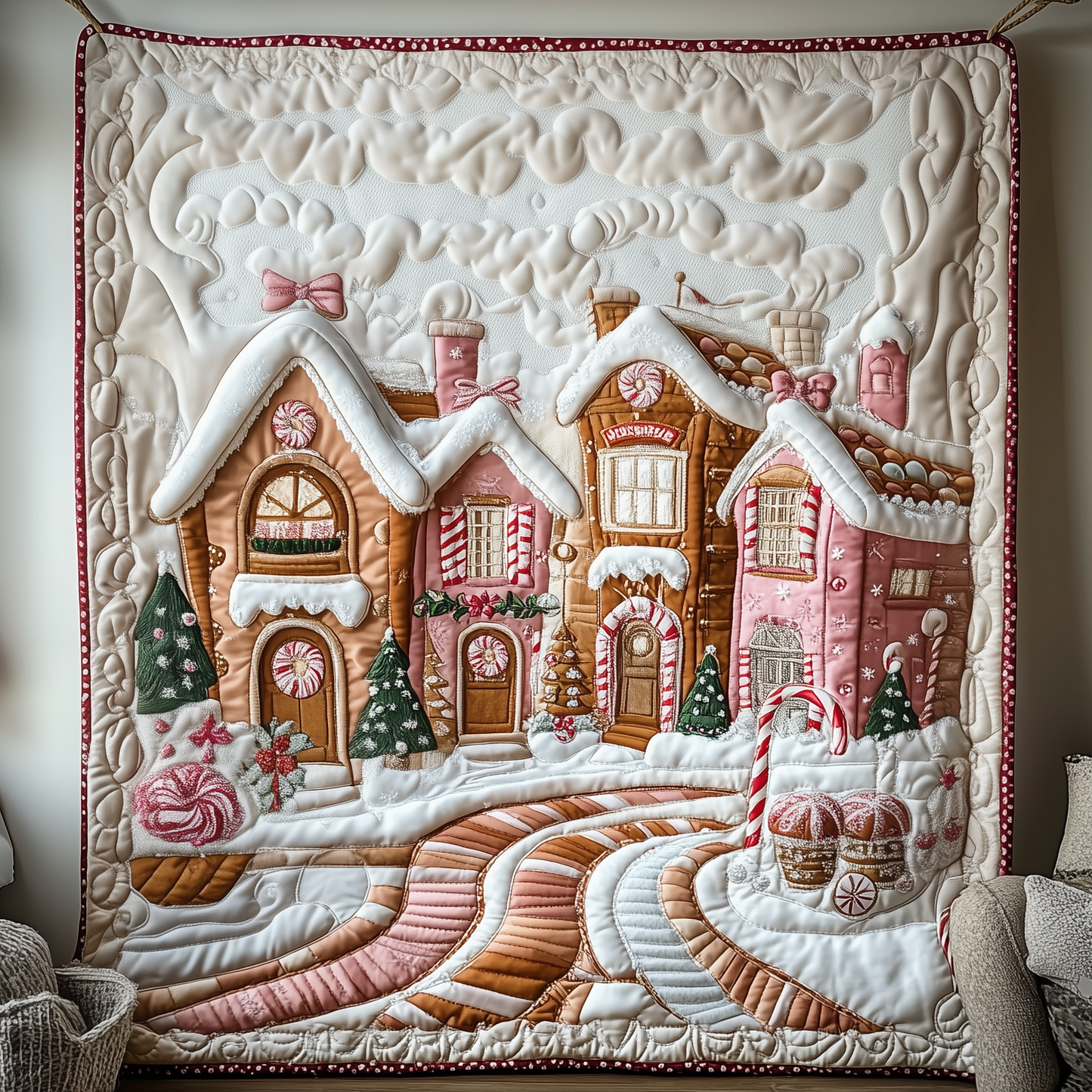 Pinky Gingerbread Christmas Village Quilted Blanket GFTOTP755